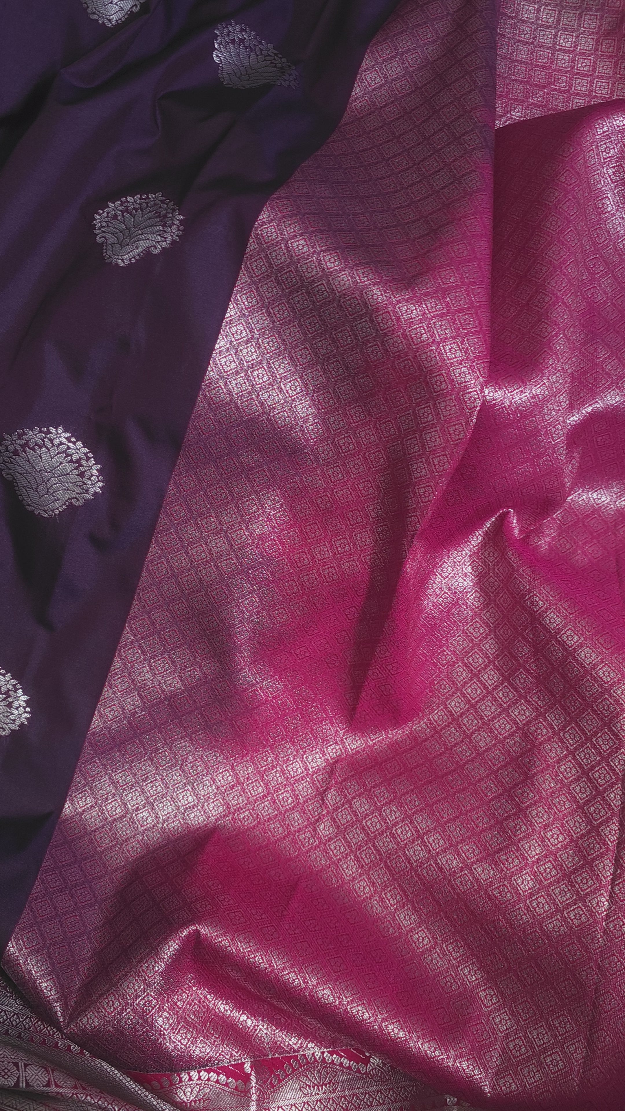 Plum Semi Silk with Silver Zari Border