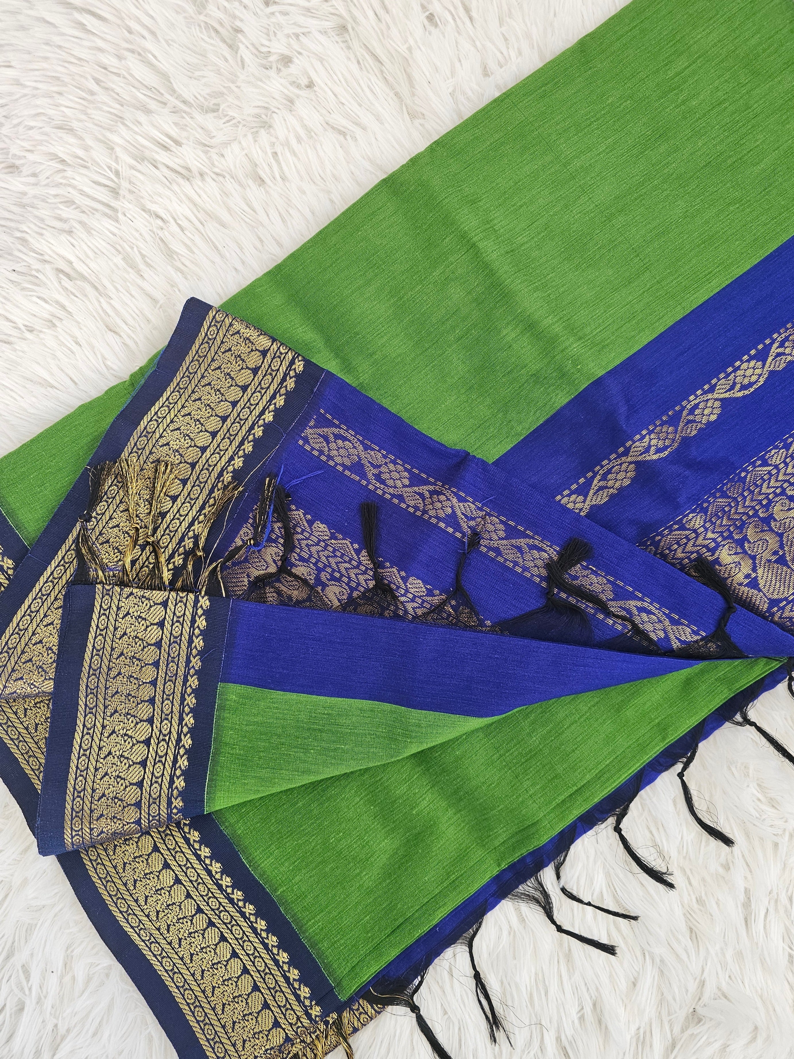 Cotton Silk  - Green x Royal Blue Contrast
