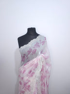 Rose Floral Satin Saree with Stone Border