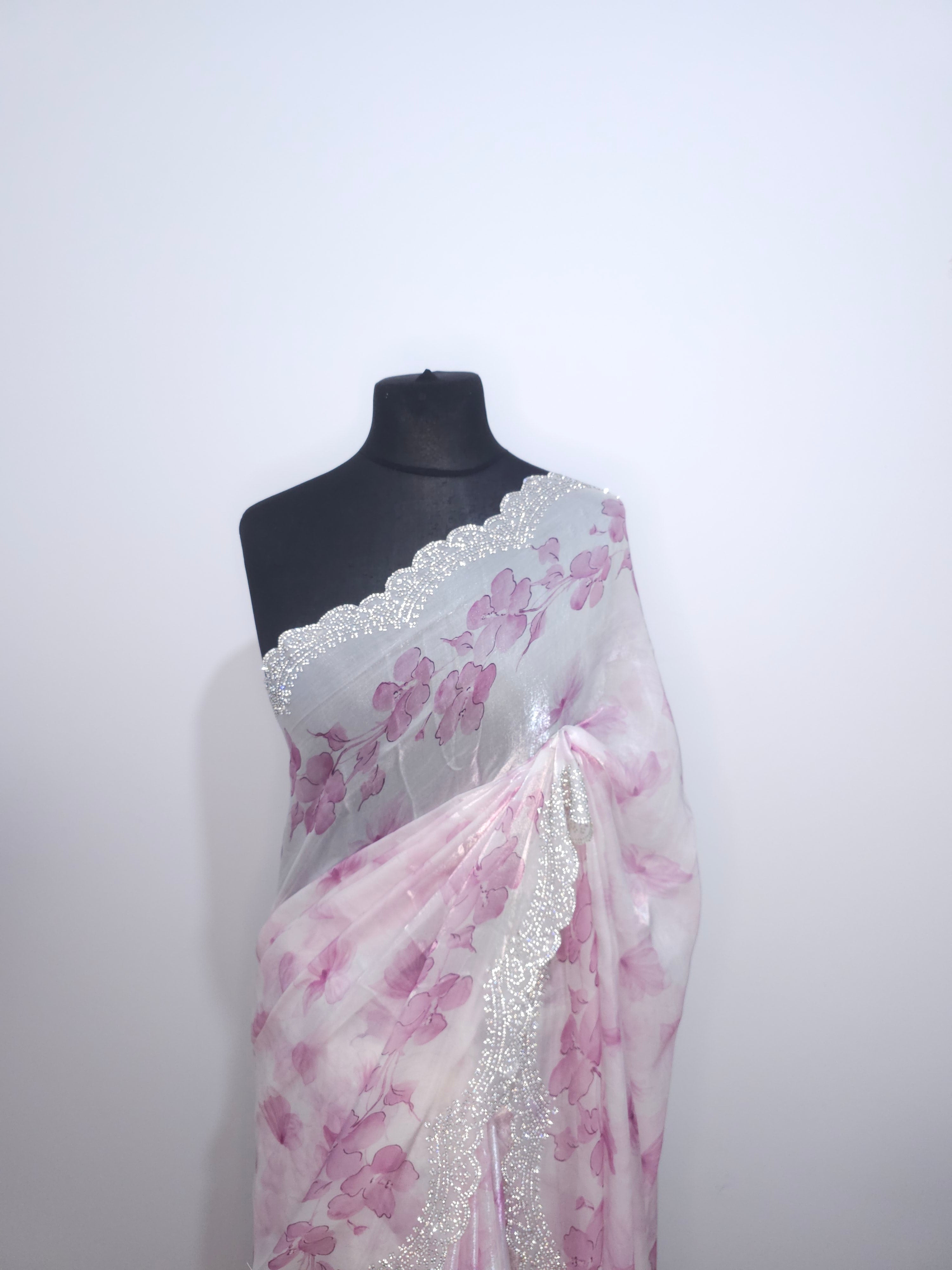 Rose Floral Satin Saree with Stone Border