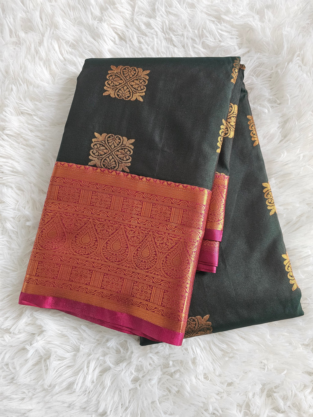 Dark Green Soft Silk Saree with Copper Zari Border & Maroon Pallu |