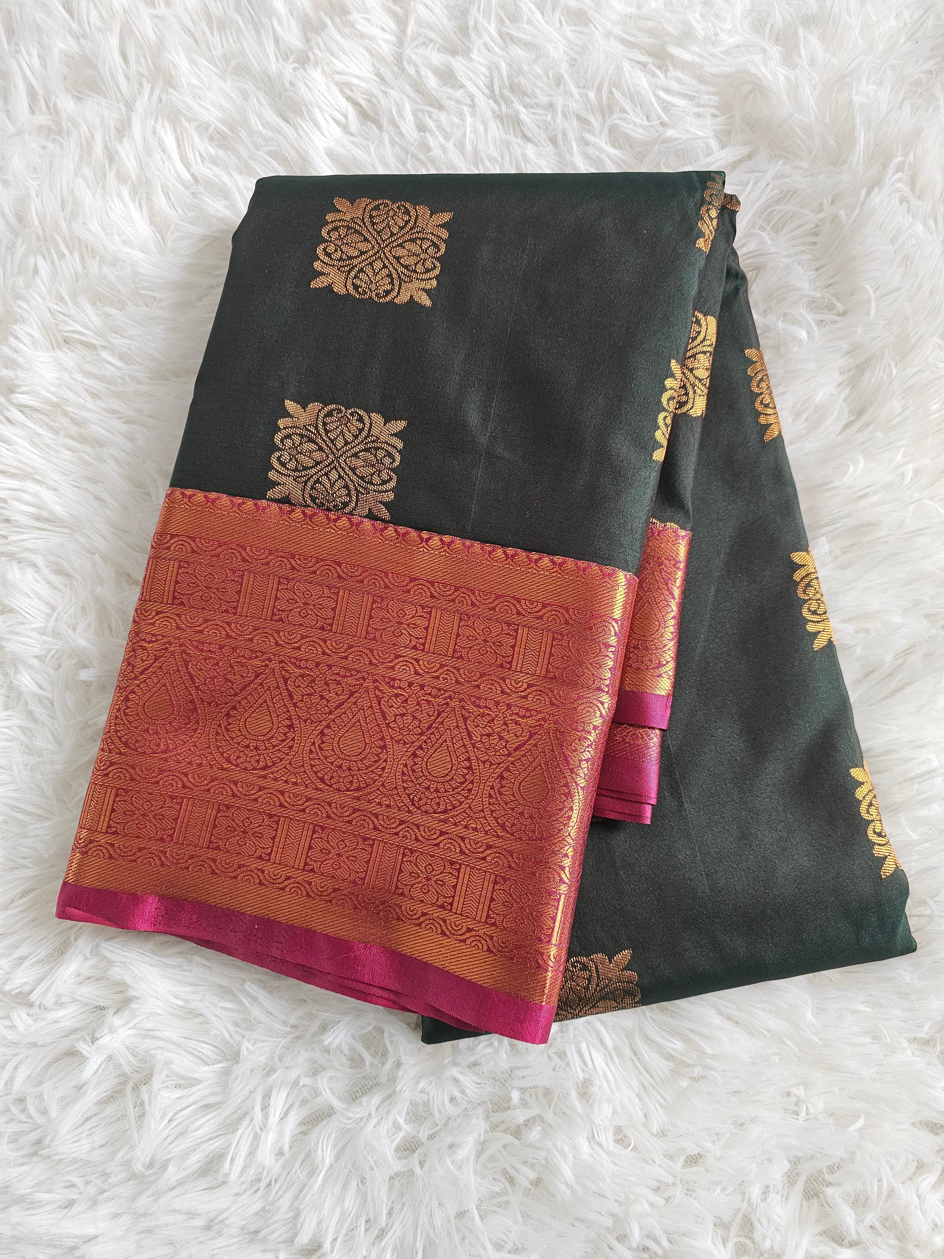 Dark Green Soft Silk Saree with Copper Zari Border & Maroon Pallu |