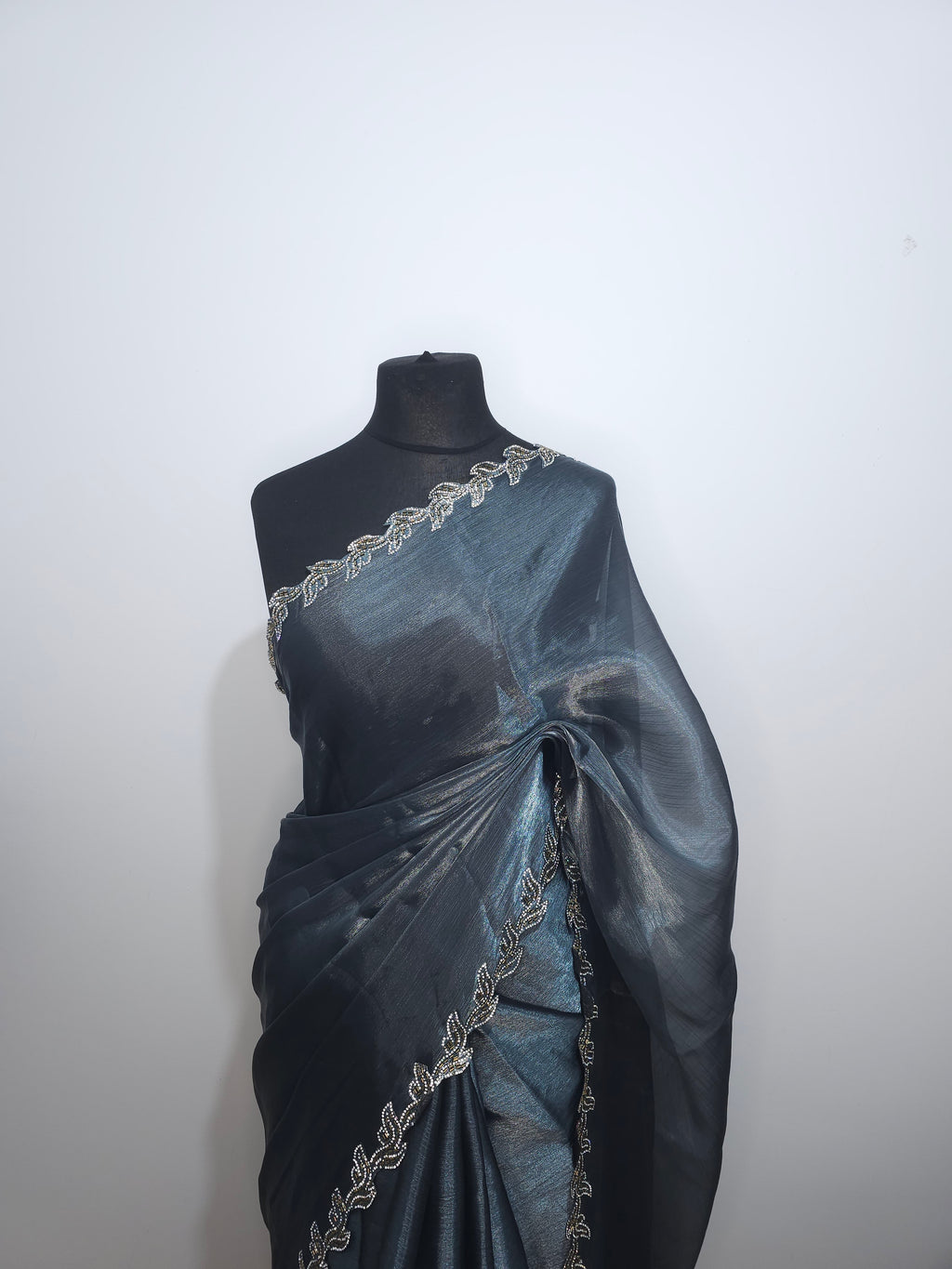 Charcoal Grey Tissue saree - Leaf border