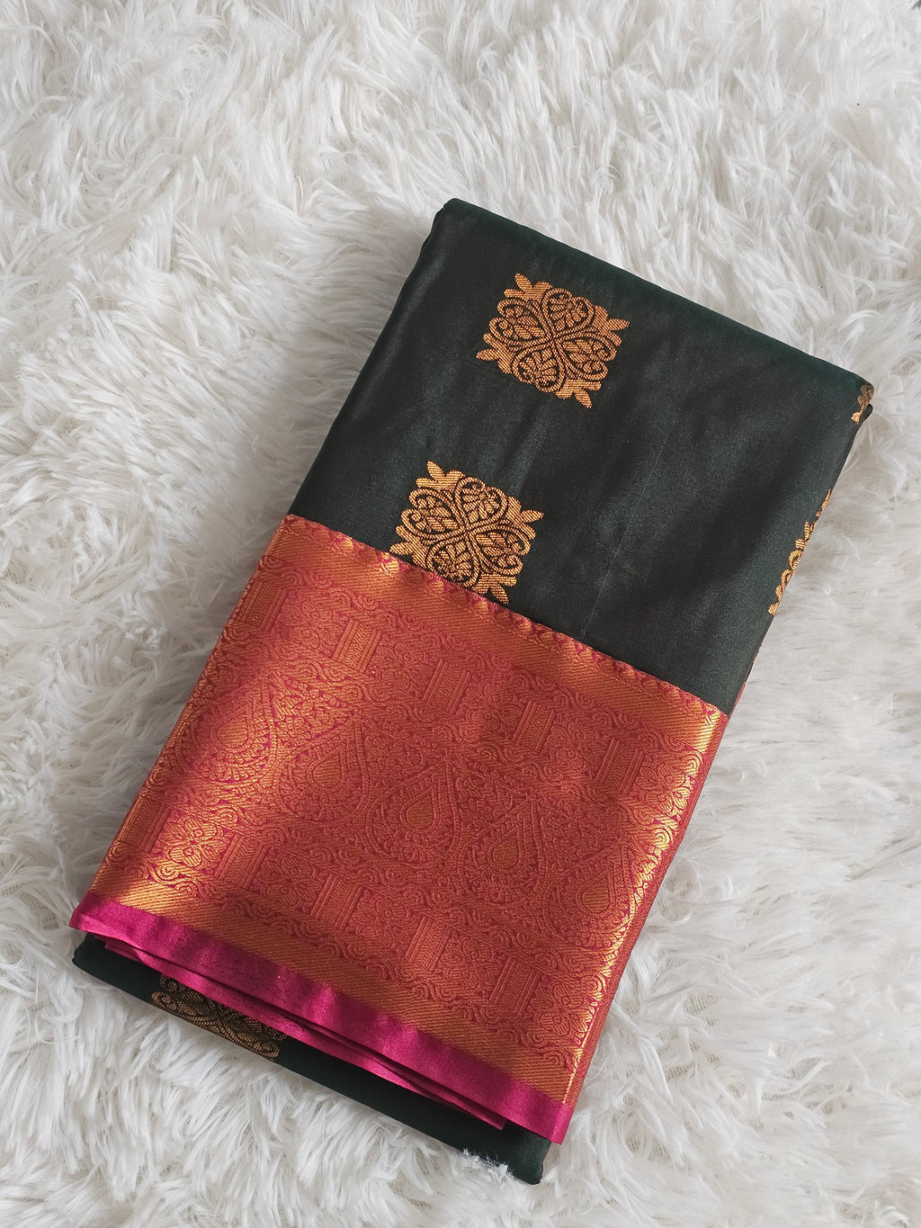 Dark Green Soft Silk Saree with Copper Zari Border & Maroon Pallu |