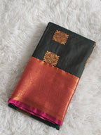 Dark Green Soft Silk Saree with Copper Zari Border & Maroon Pallu |