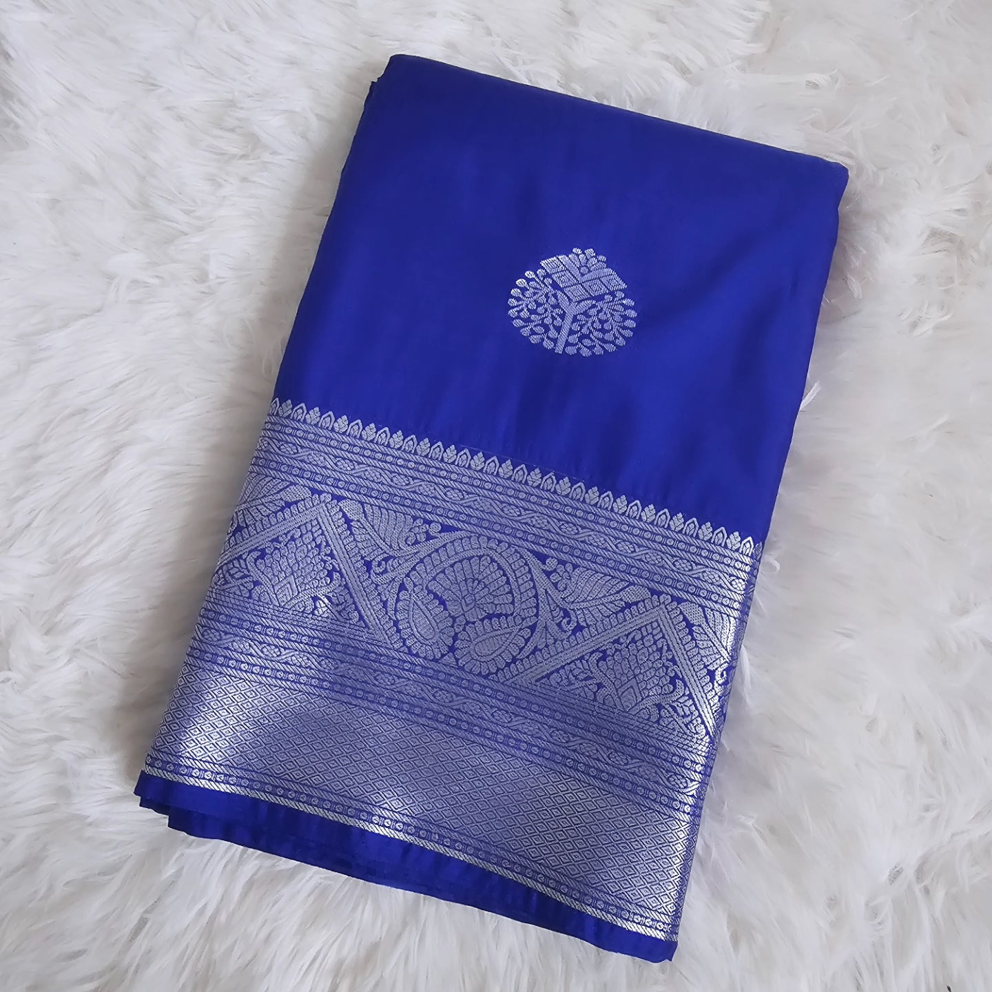 Royal Blue Soft Silk Saree with Silver Border | Lightweight Festive Saree