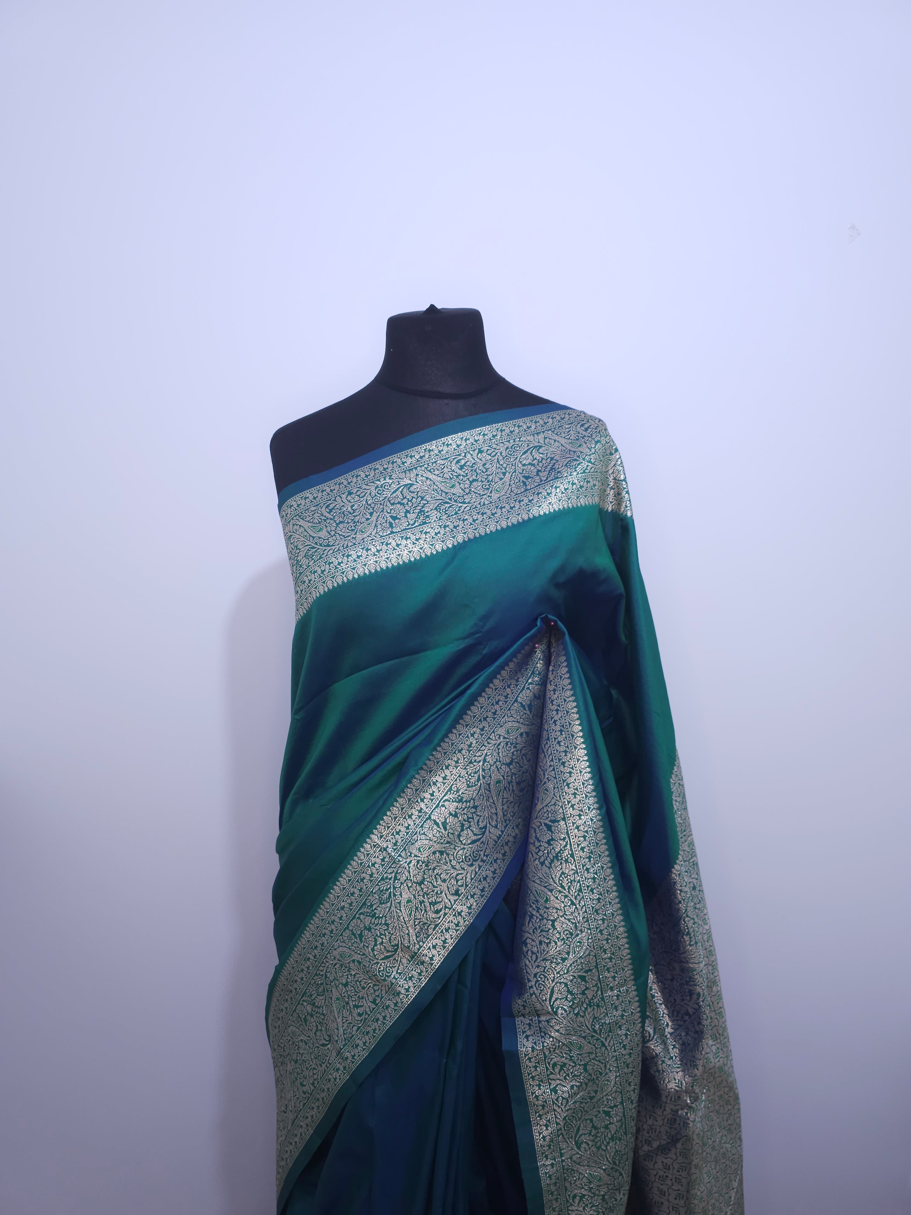 Peacock Green Soft Silk Saree with Silver Zari Border