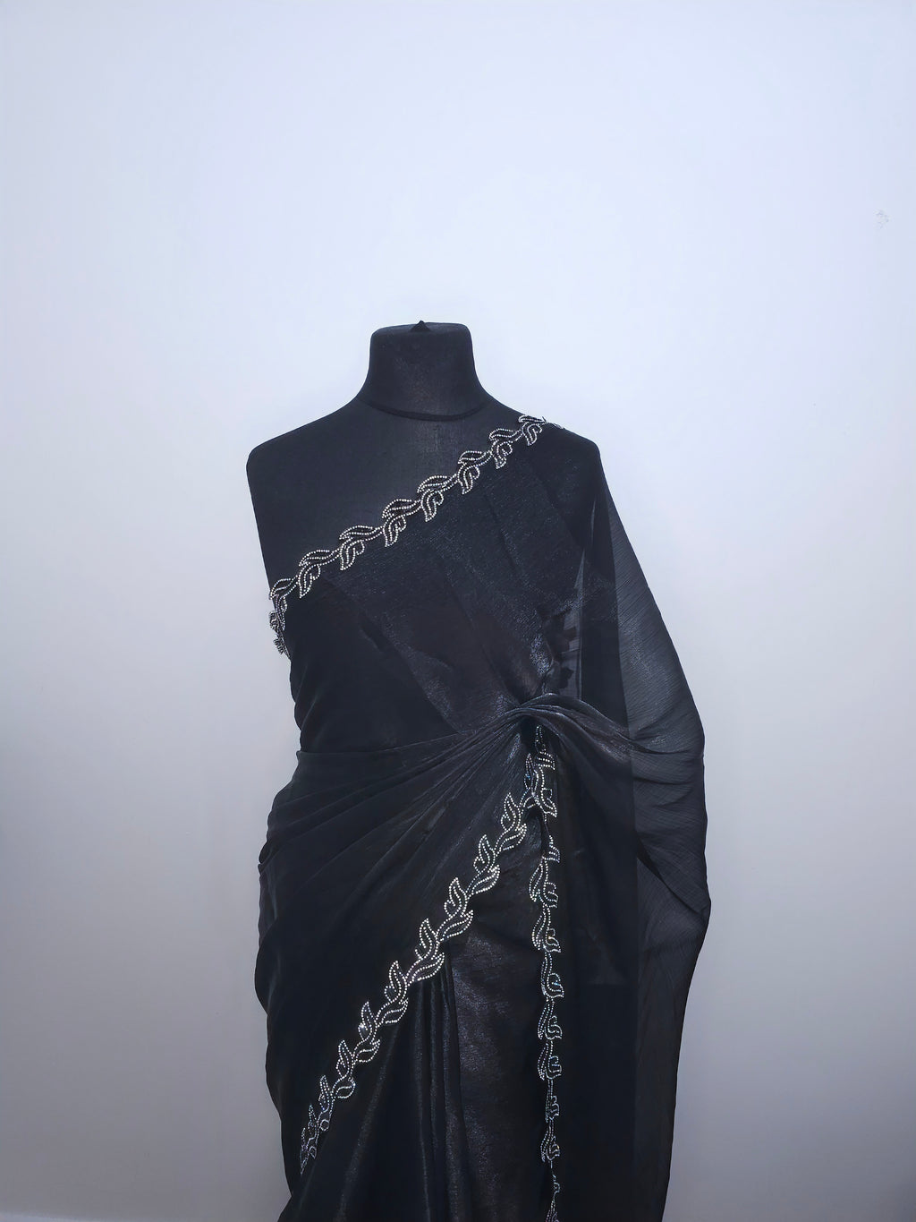 Charcoal Grey Tissue saree - Leaf border