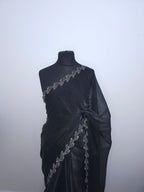 Charcoal Grey Tissue saree - Leaf border