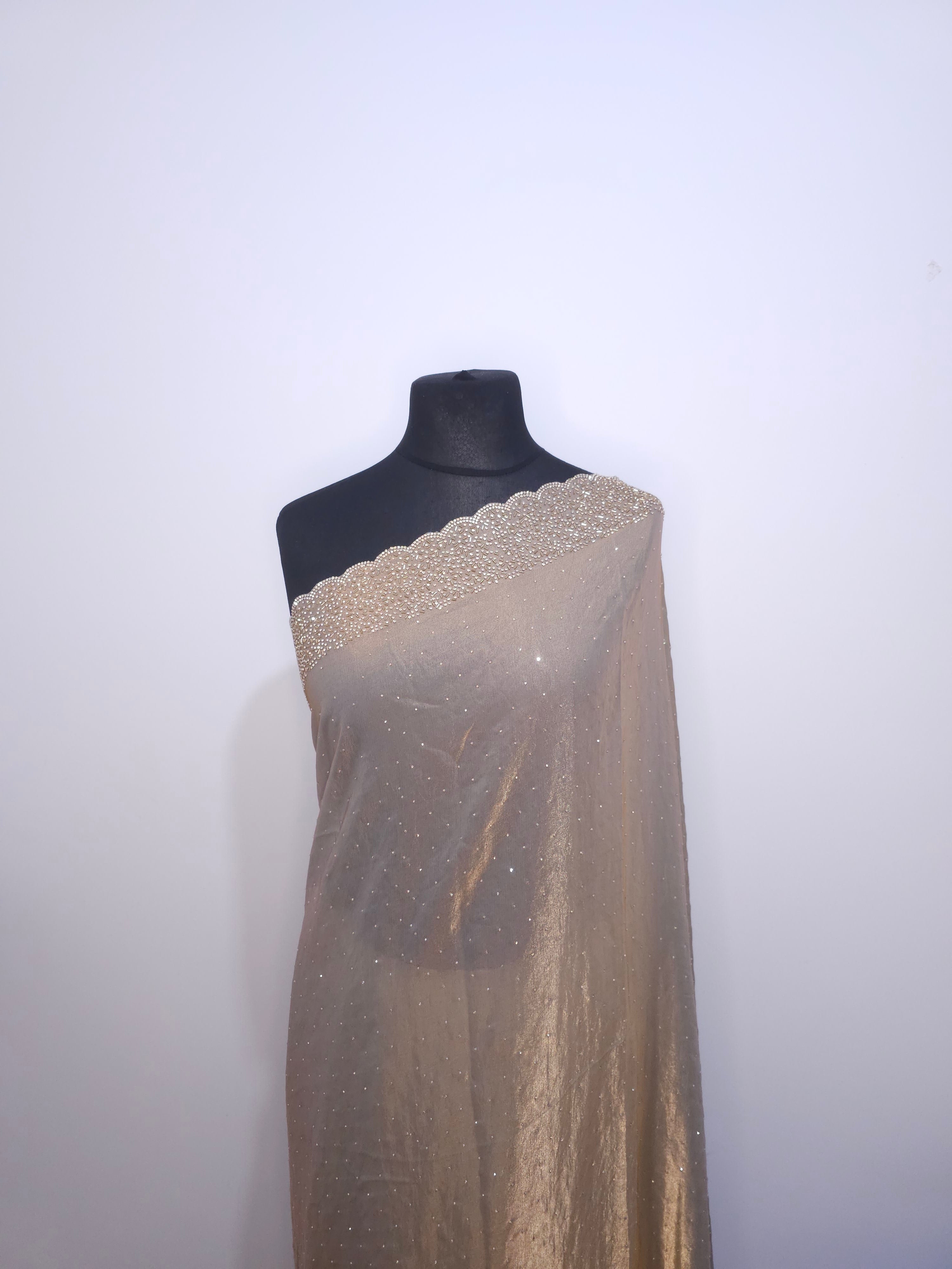 Rose Gold Space Silk Saree – Stone Border & Soft Sparkle Glow