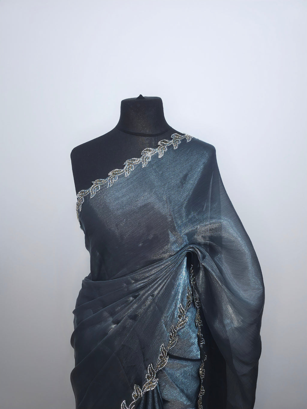 Charcoal Grey Tissue saree - Leaf border