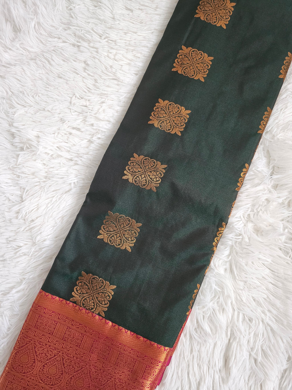 Dark Green Soft Silk Saree with Copper Zari Border & Maroon Pallu |