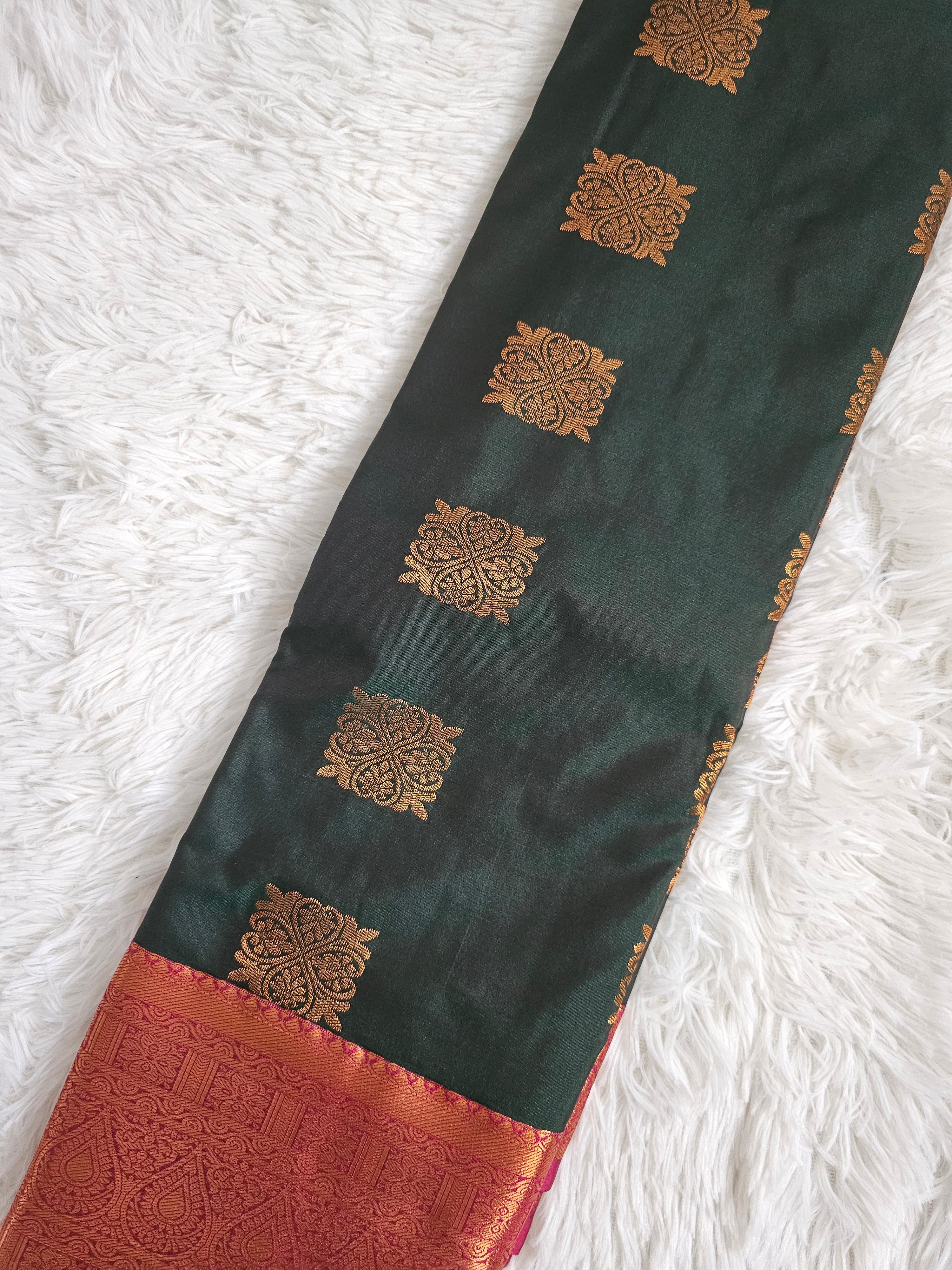 Dark Green Soft Silk Saree with Copper Zari Border & Maroon Pallu |