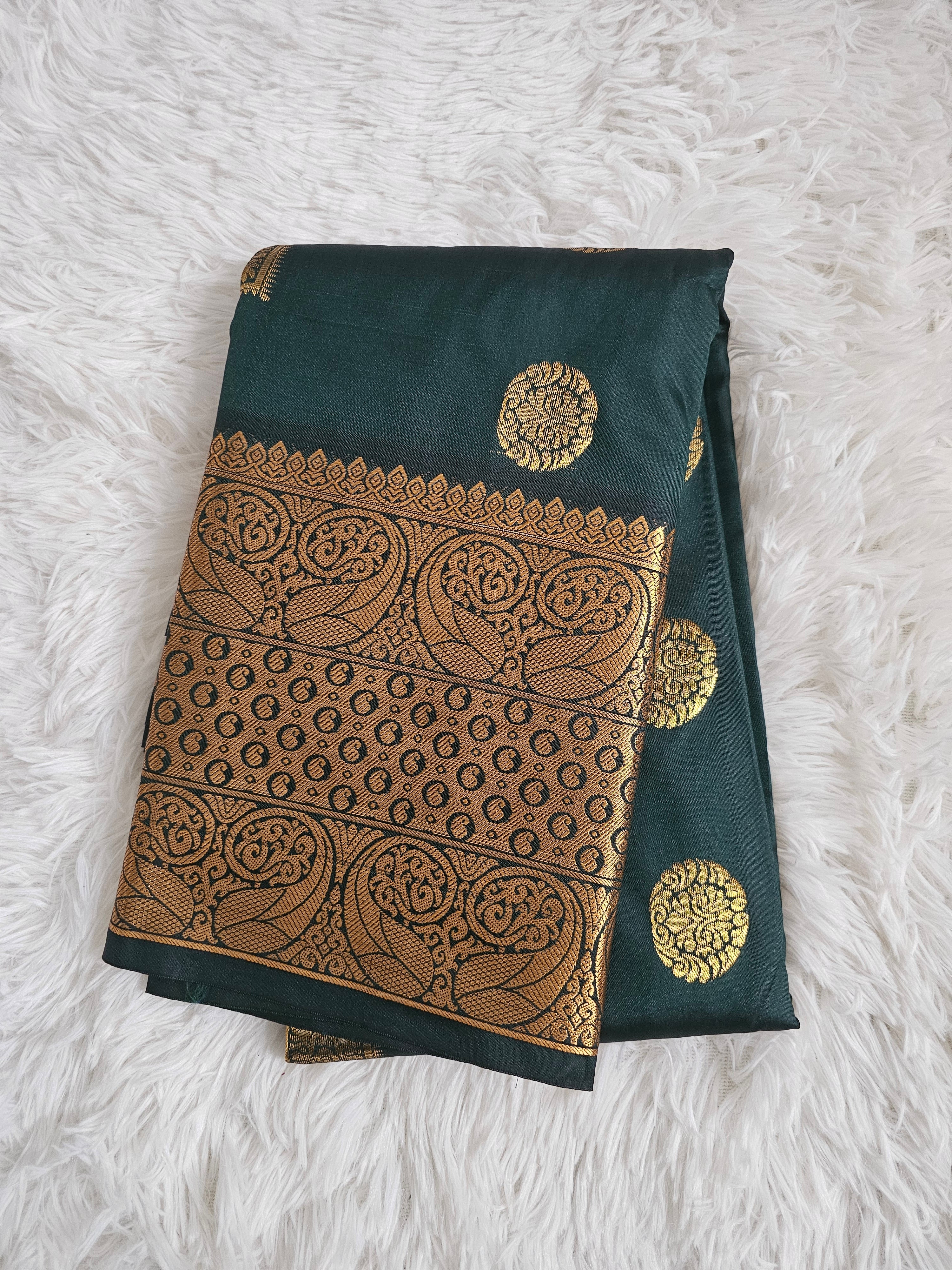 Dark Green Soft Silk Saree with Gold Border