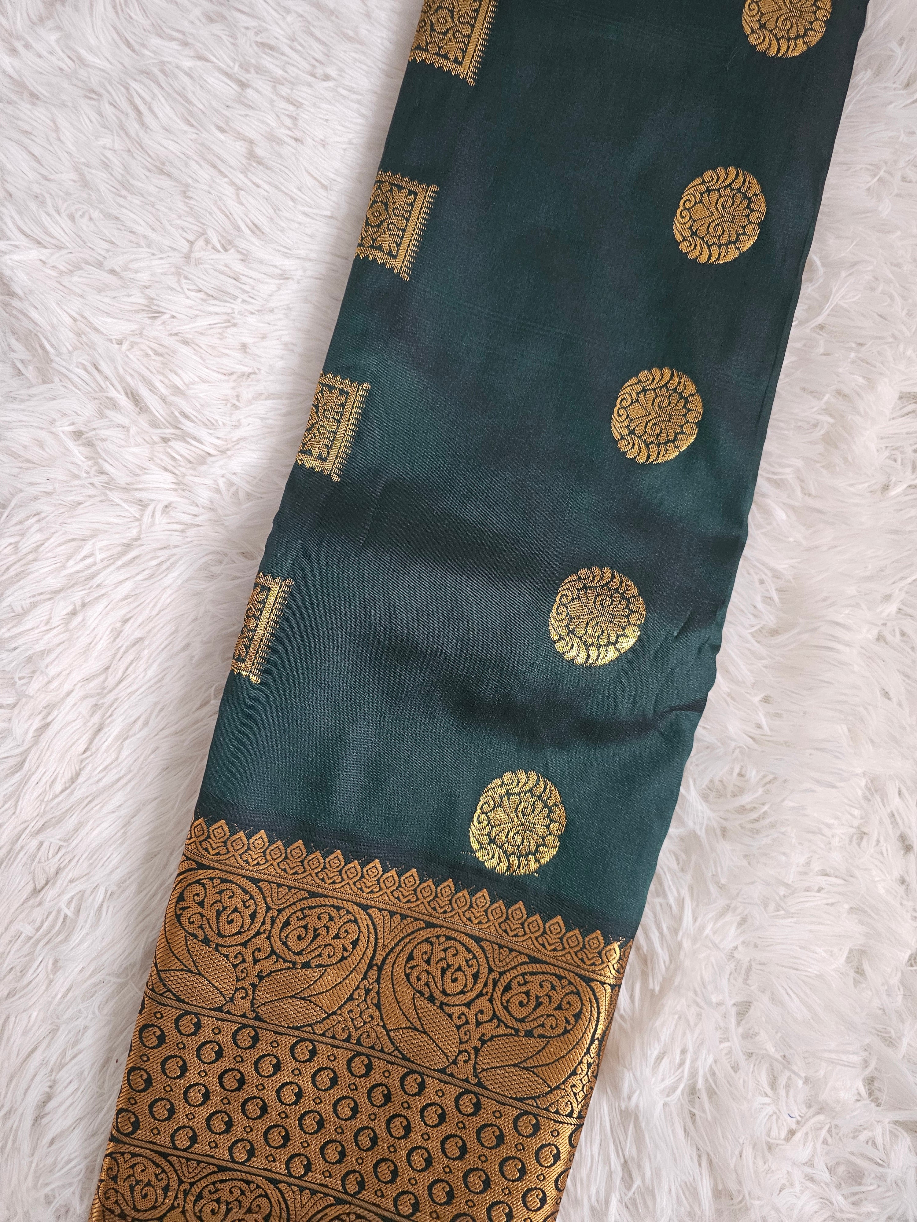 Dark Green Soft Silk Saree with Gold Border