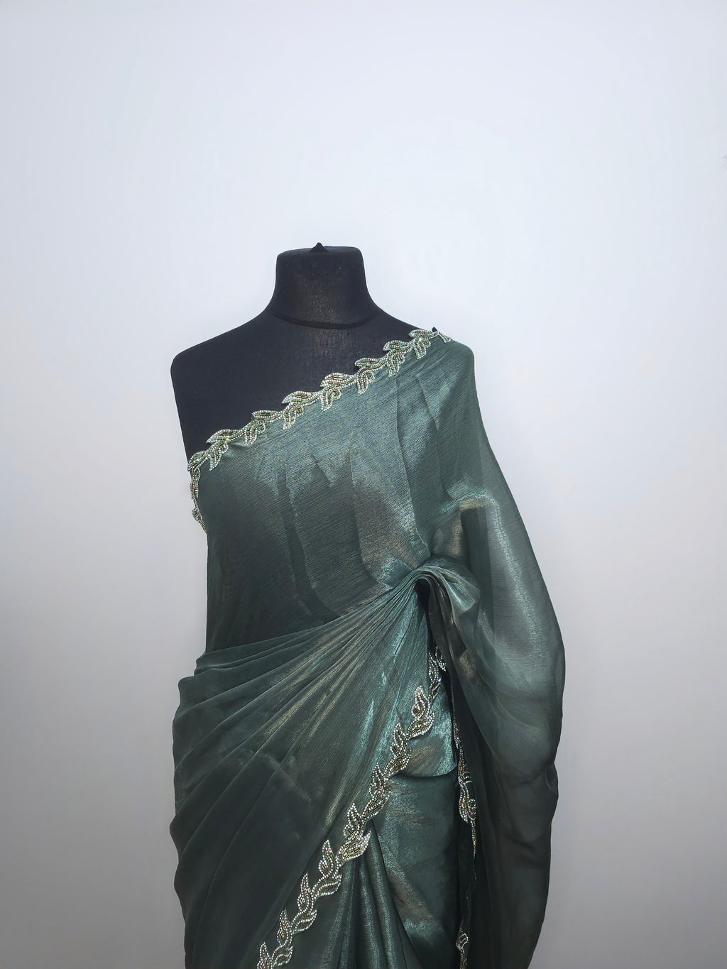 Charcoal Grey Tissue saree - Leaf border