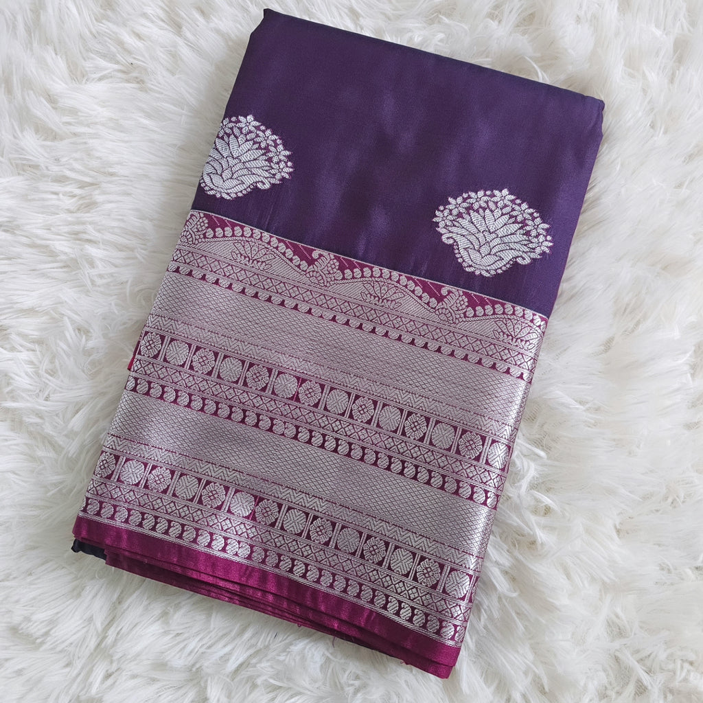 Plum Soft Silk Saree with Silver Zari Border |