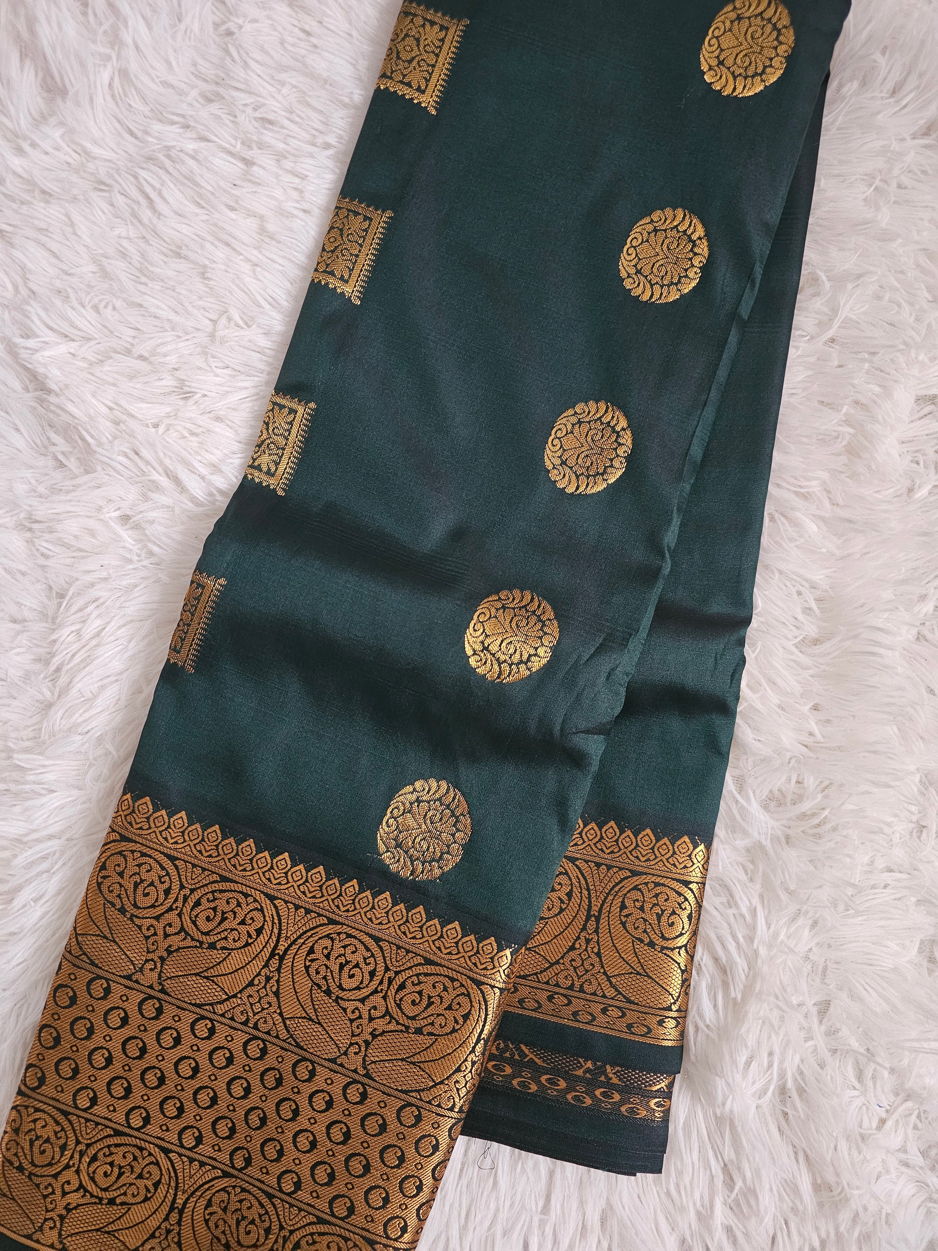 Dark Green Soft Silk Saree with Gold Border
