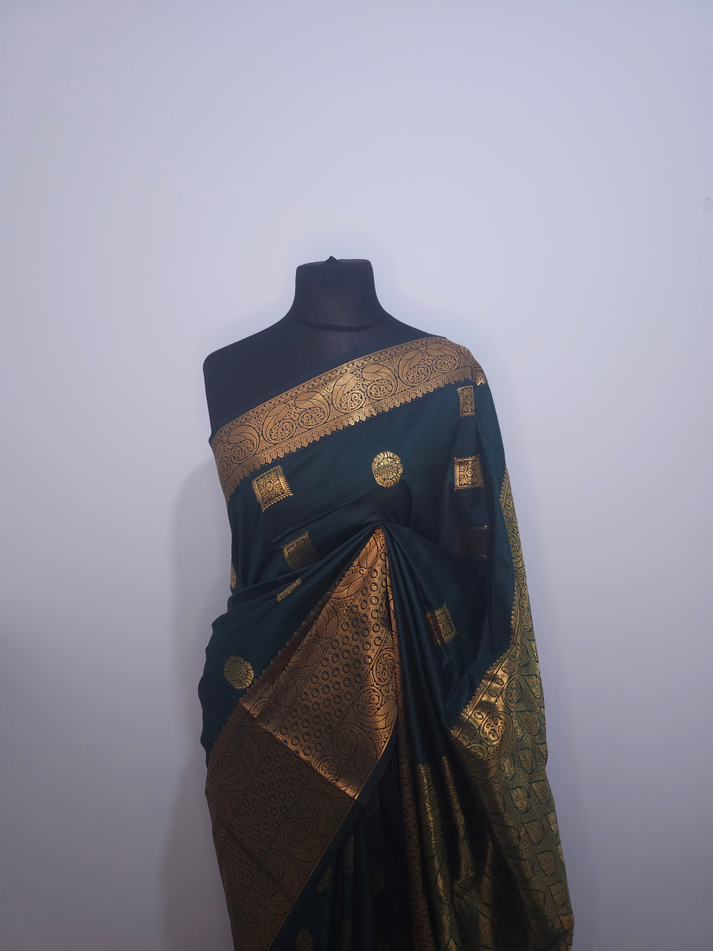 Dark Green Soft Silk Saree with Gold Border
