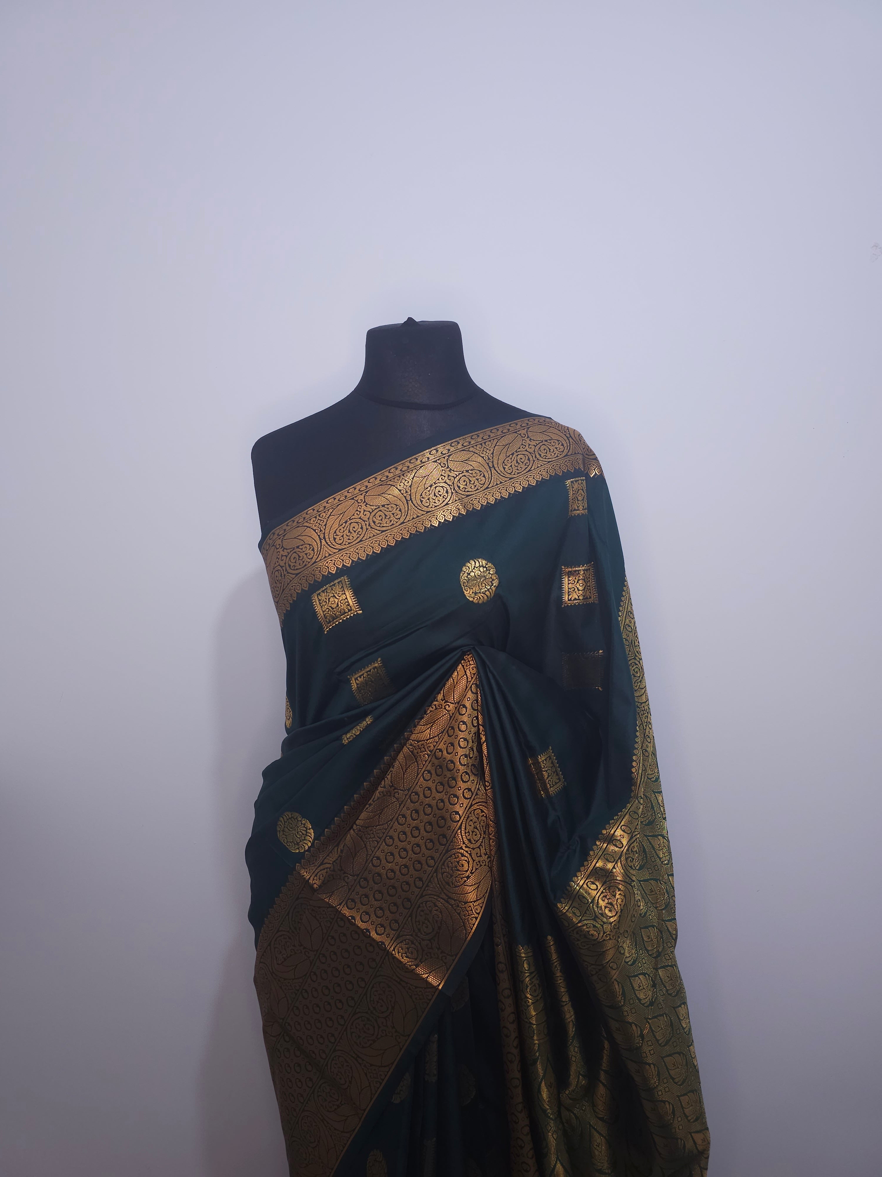 Dark Green Soft Silk Saree with Gold Border