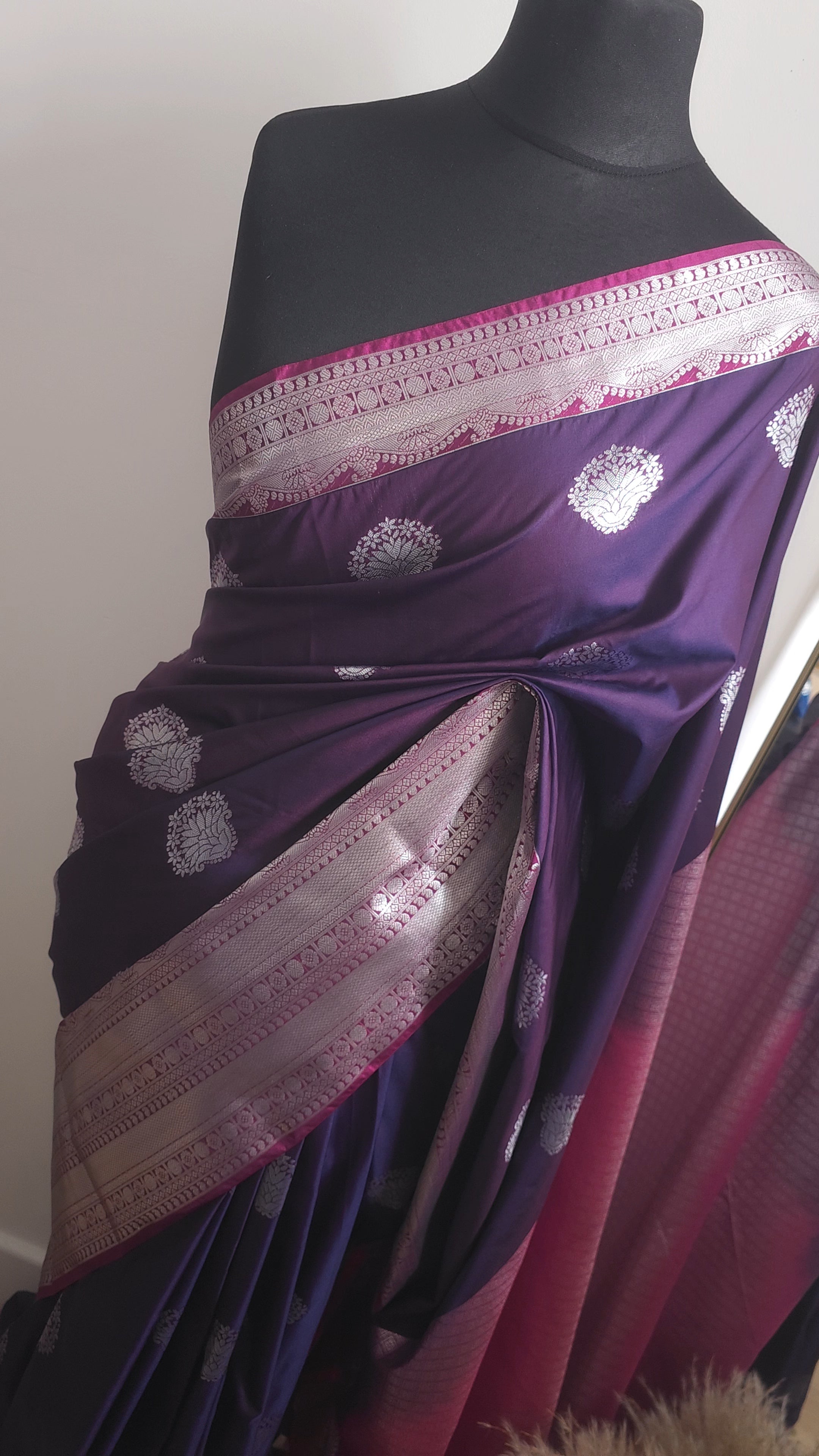 Plum Semi Silk with Silver Zari Border