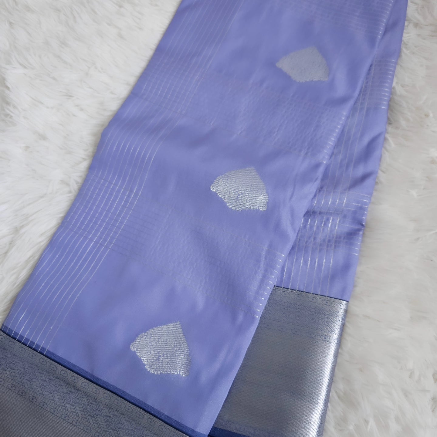 Lavender Blue Soft Silk Saree with Silver Border | Lightweight Festive Wear