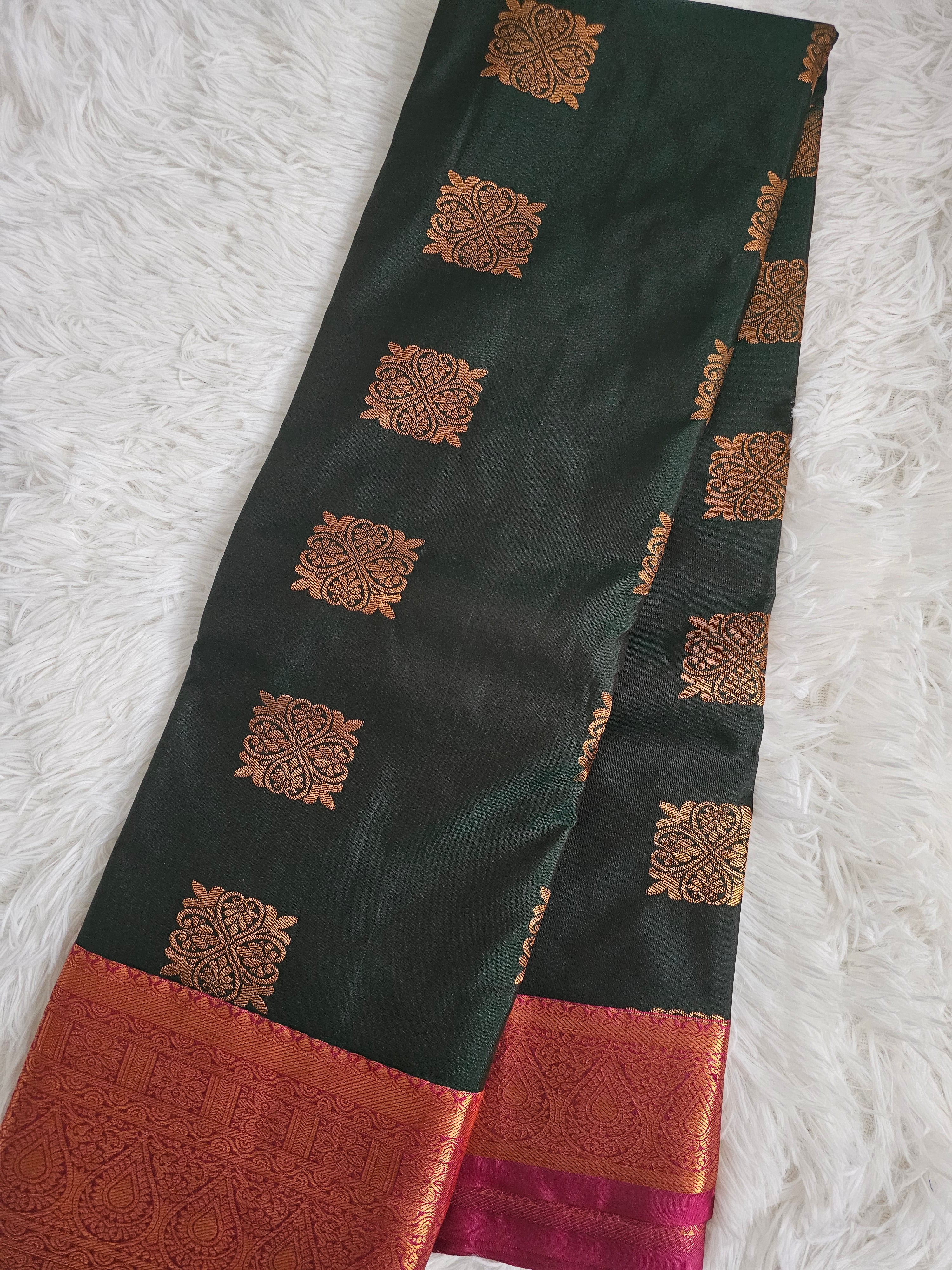 Dark Green Soft Silk Saree with Copper Zari Border & Maroon Pallu |