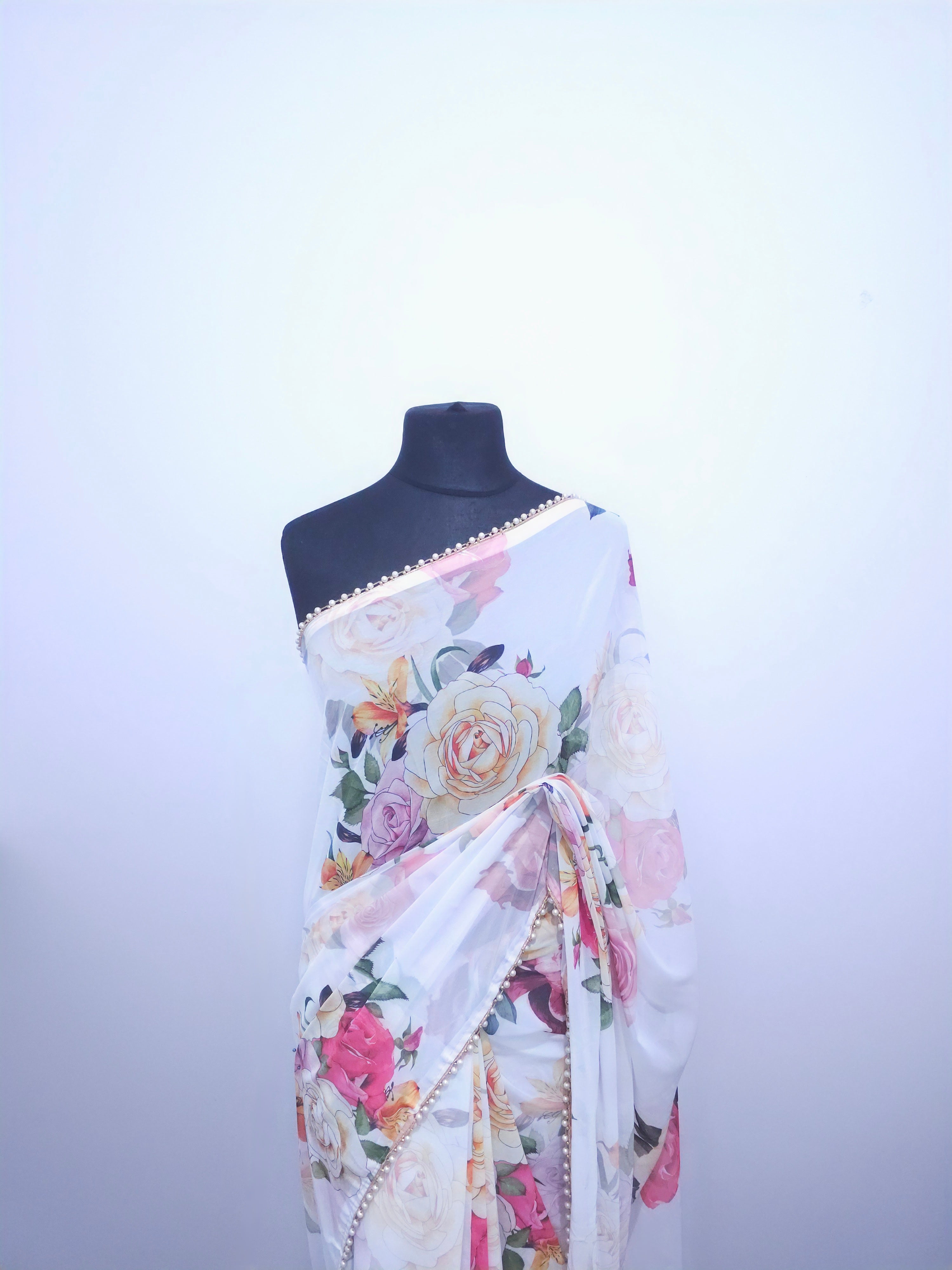 Purple Floral Georgette Saree – Pearl Bead Border