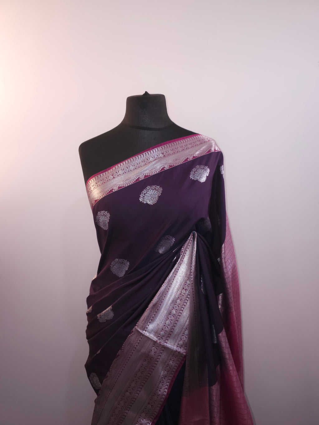 Plum Soft Silk Saree with Silver Zari Border |