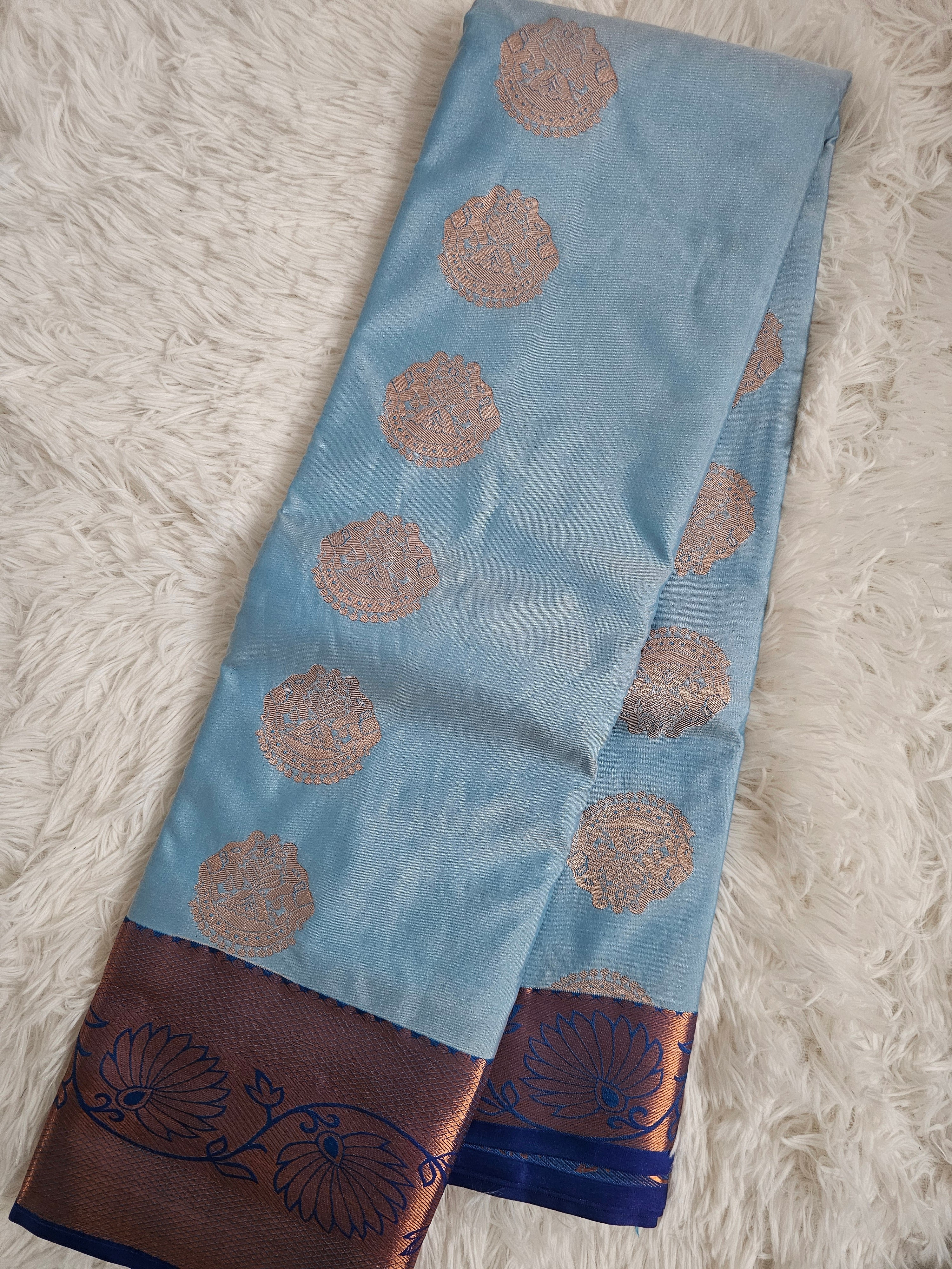 Sky Blue Soft Silk Saree with Royal Blue Pallu & Gold Border