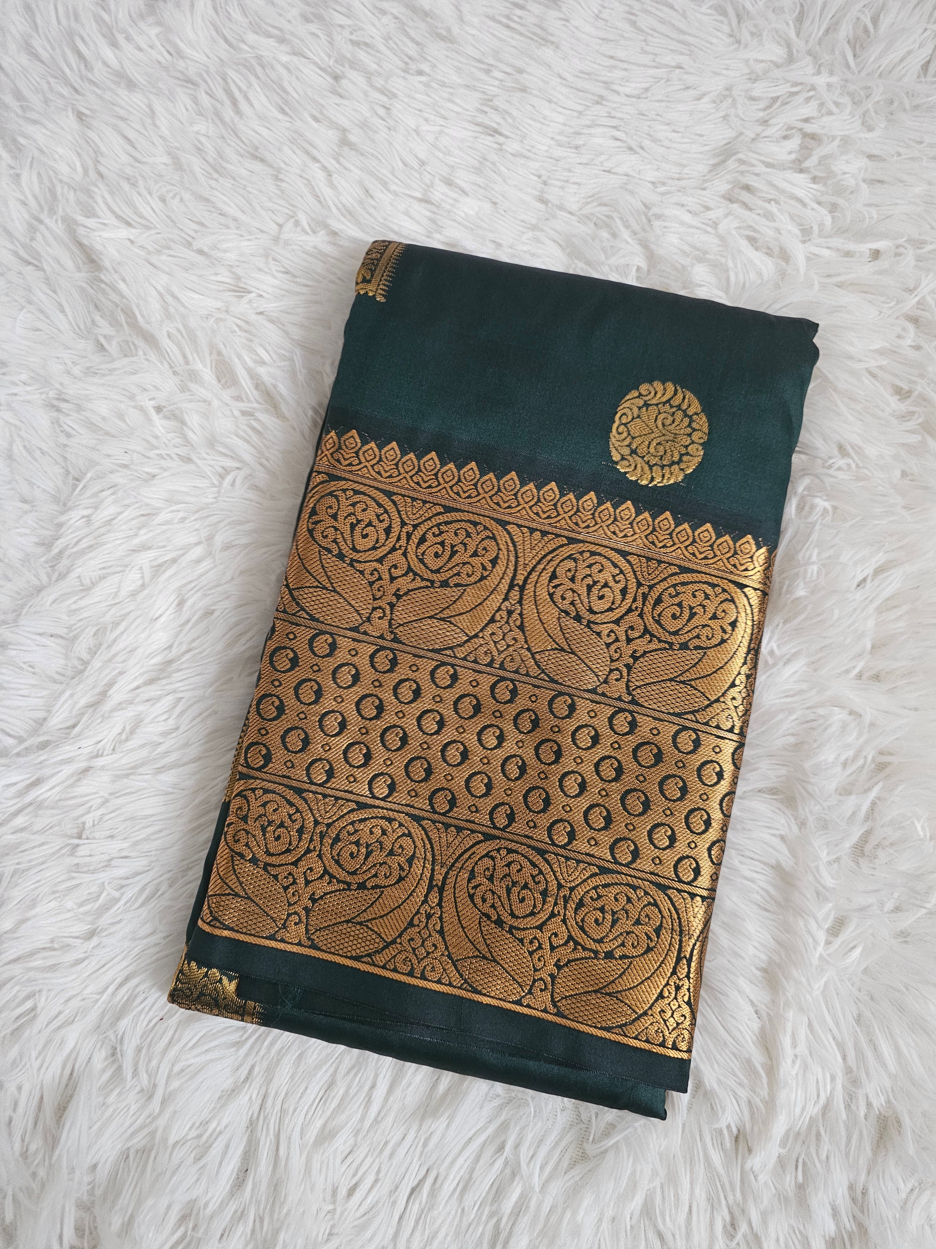 Dark Green Soft Silk Saree with Gold Border