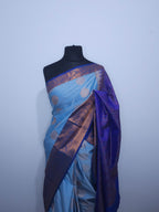 Sky Blue Soft Silk Saree with Royal Blue Pallu & Gold Border