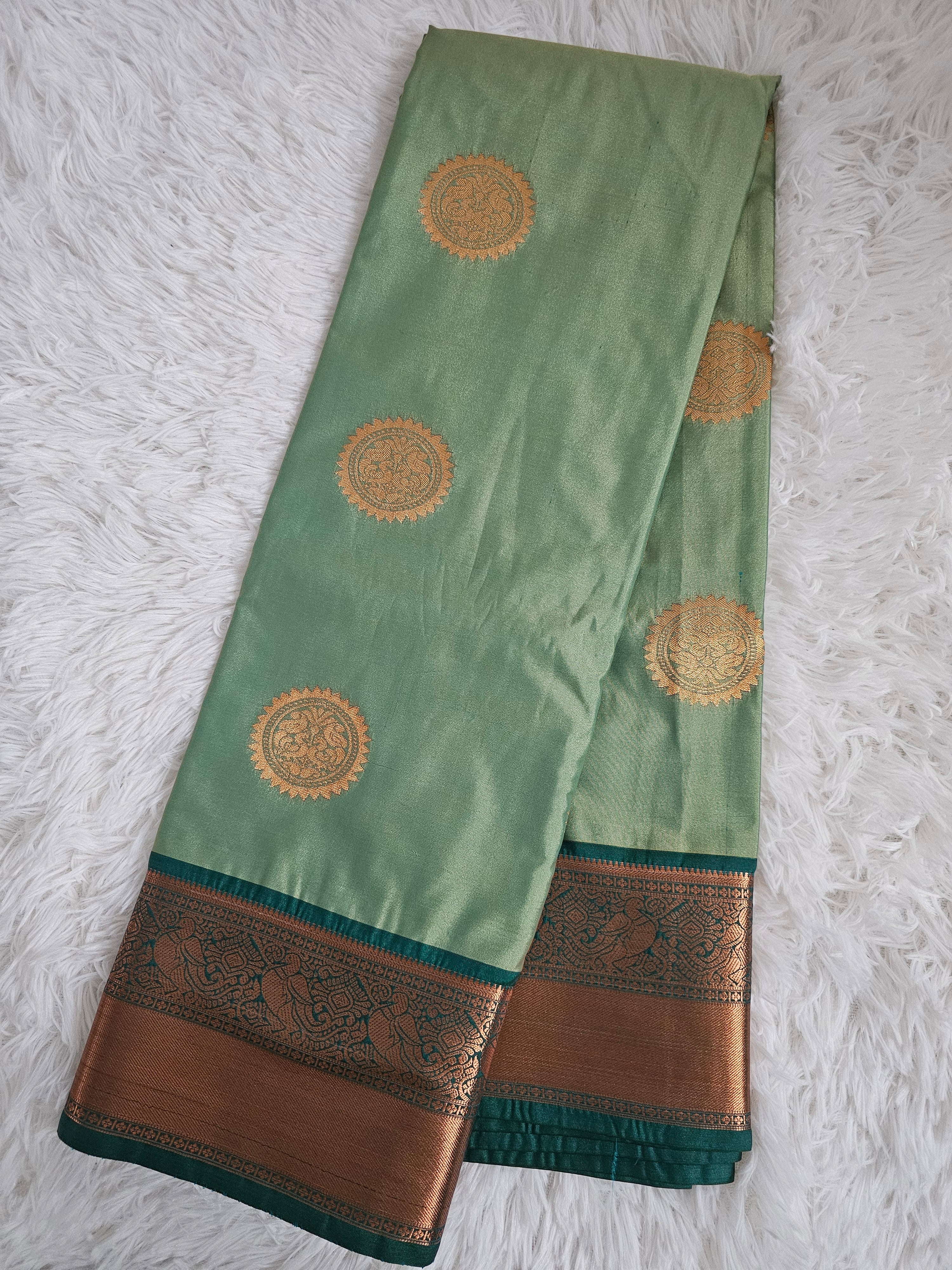 Emerald & Pistachio Green Soft Silk Saree with Gold Border |
