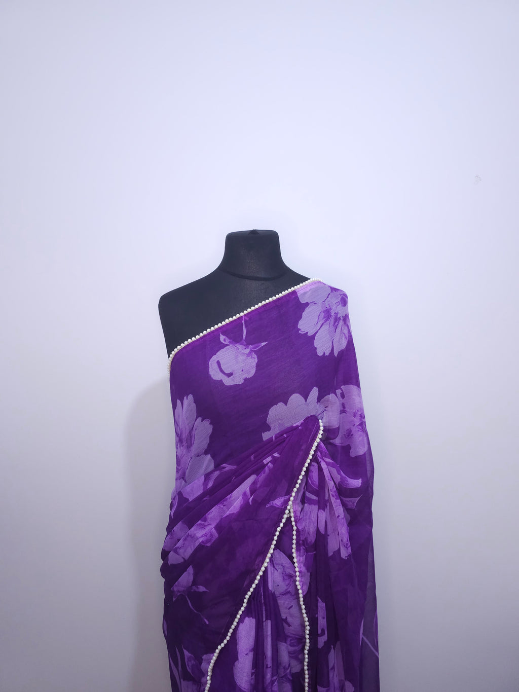 Blue Georgette Saree – Floral Design & Pearl Border