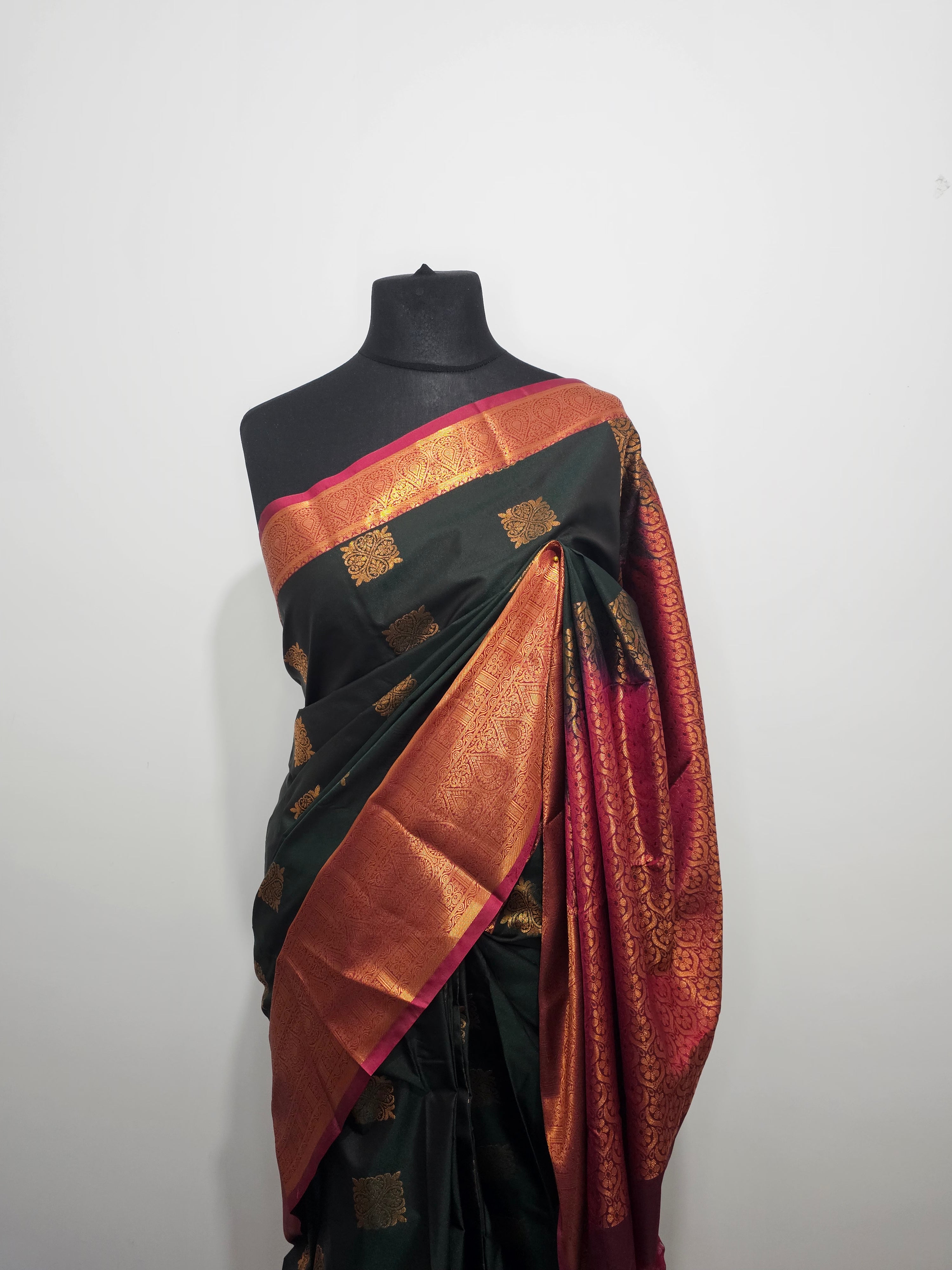 Dark Green Soft Silk Saree with Copper Zari Border & Maroon Pallu |