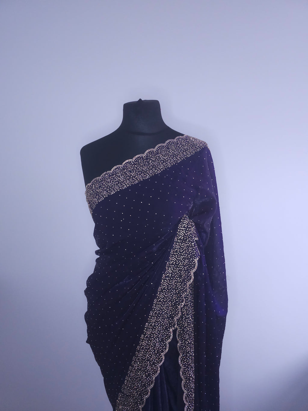 Deep Violet Space Silk Saree – Heavy Stone Border
