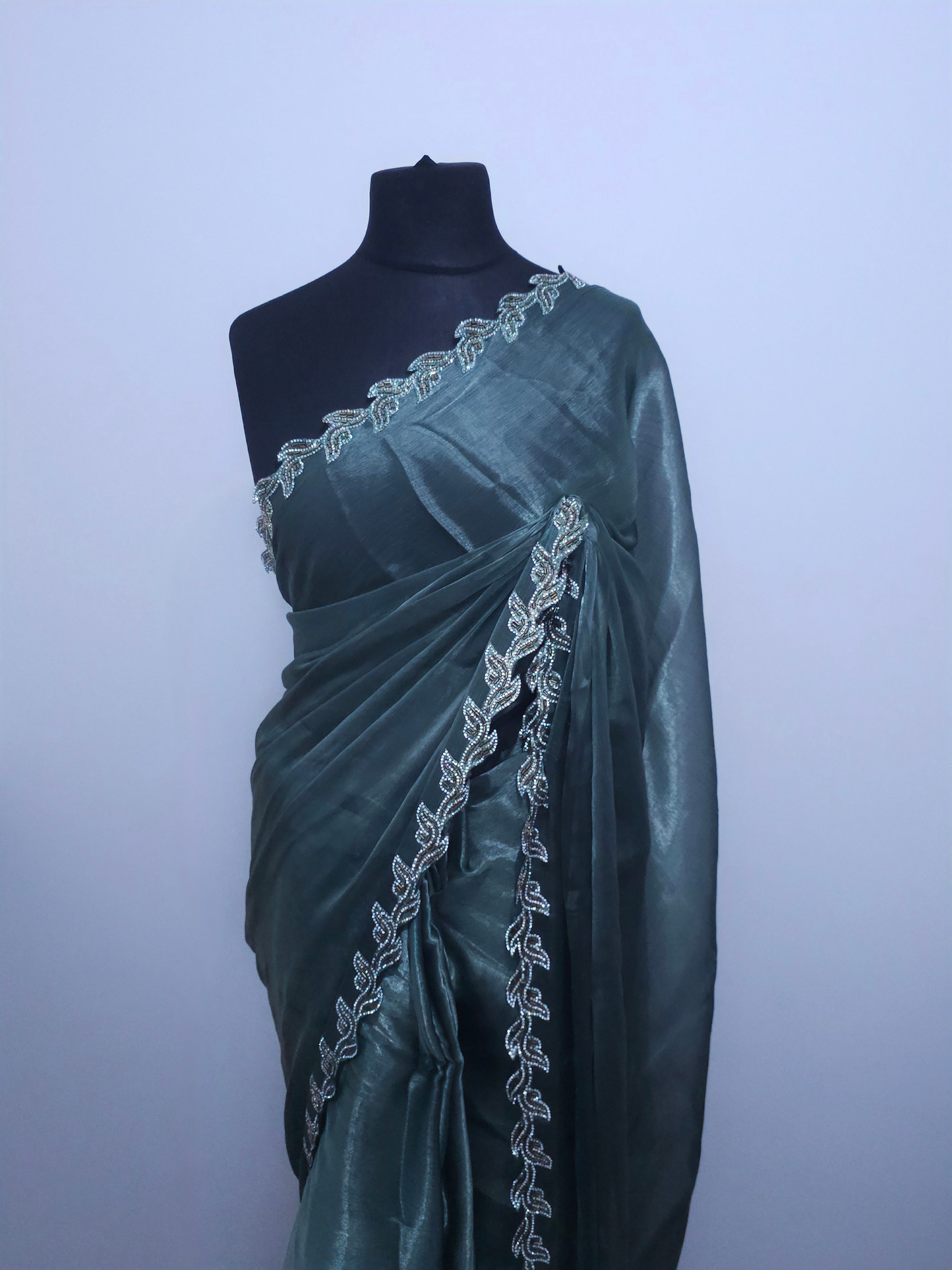 Teal Chiffon Tissue Saree - Leaf Border
