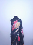 Blue Georgette Saree – Floral Design & Pearl Border