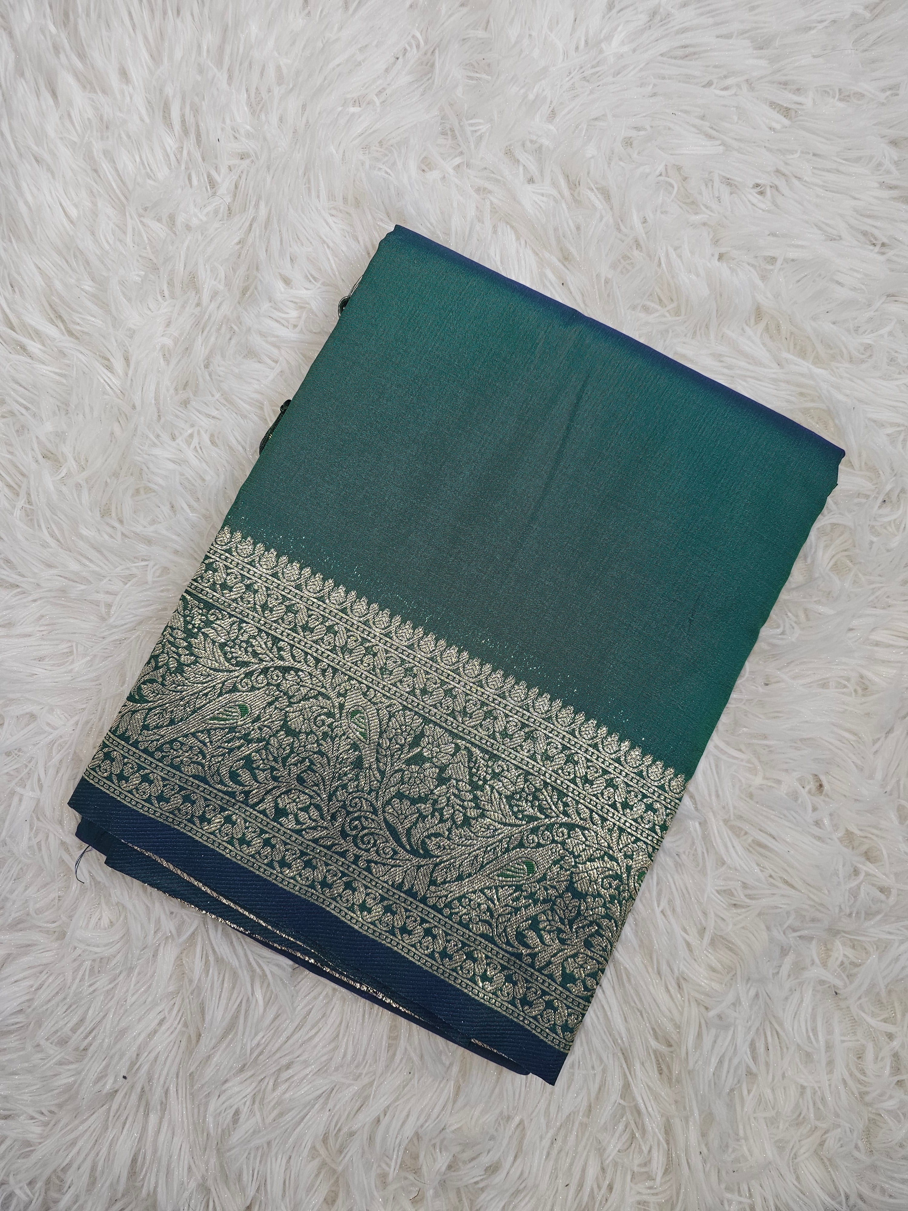 Peacock Green Soft Silk Saree with Silver Zari Border