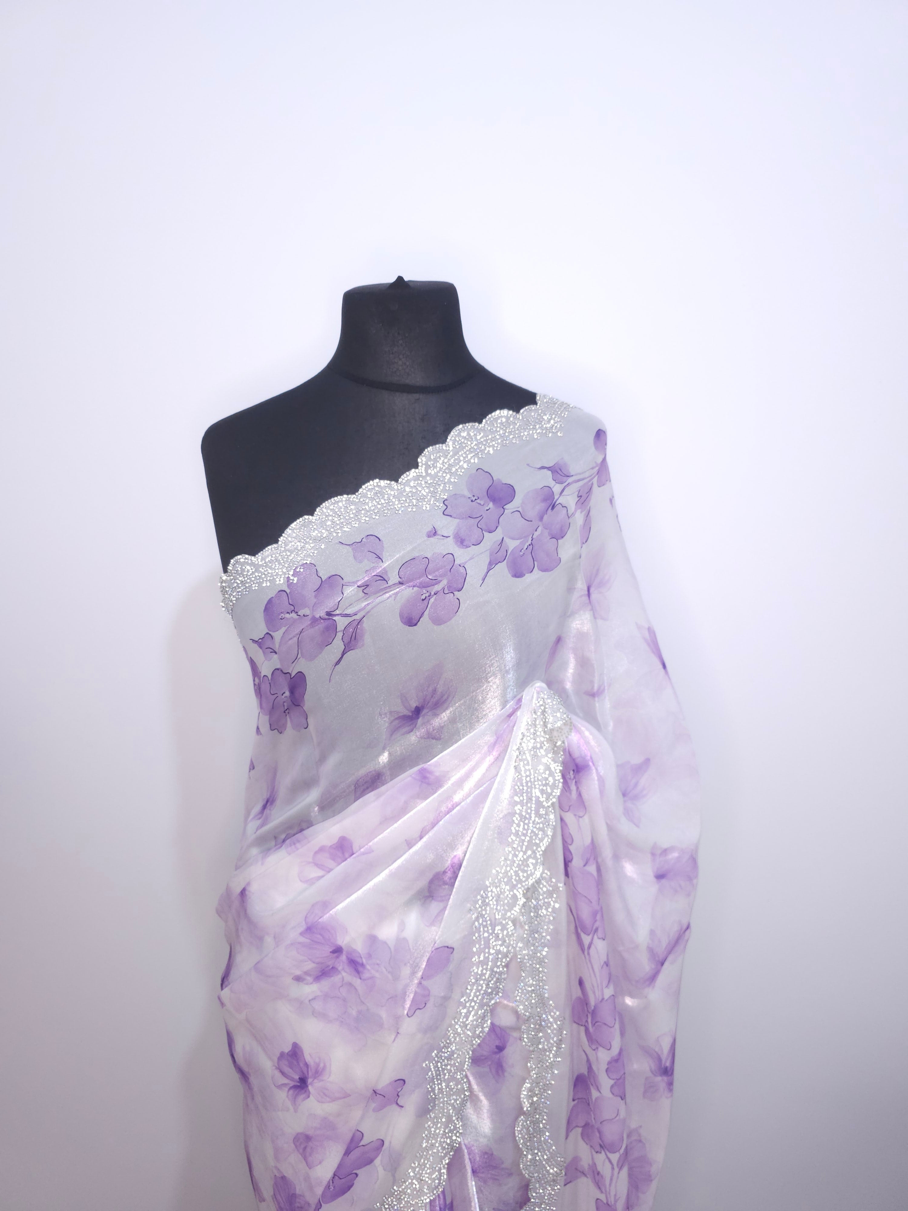 Rose Blush Satin Saree with Stone Border