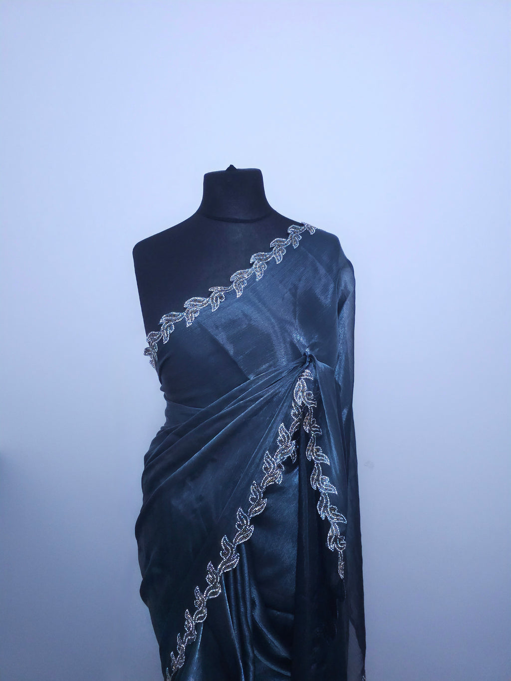 Charcoal Grey Tissue saree - Leaf border