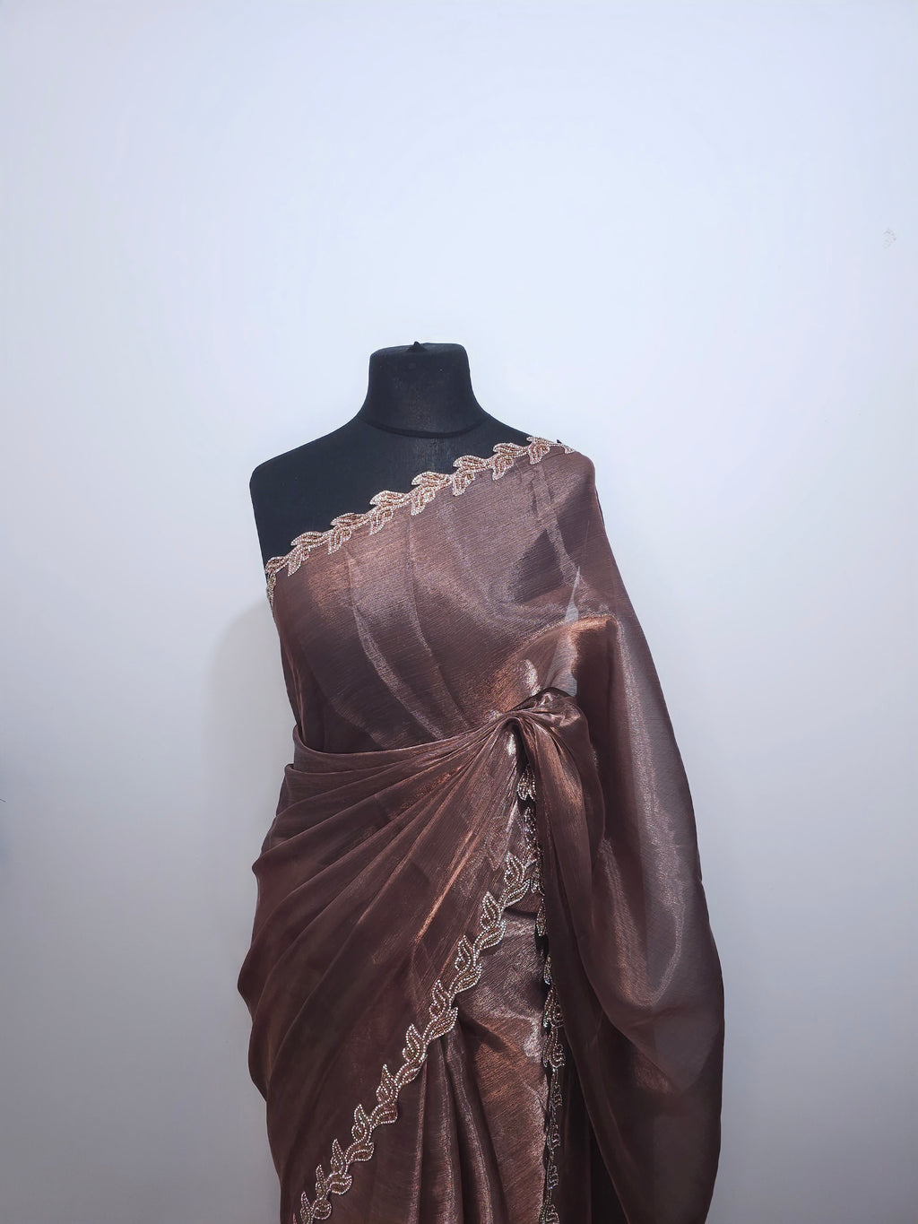 Charcoal Grey Tissue saree - Leaf border