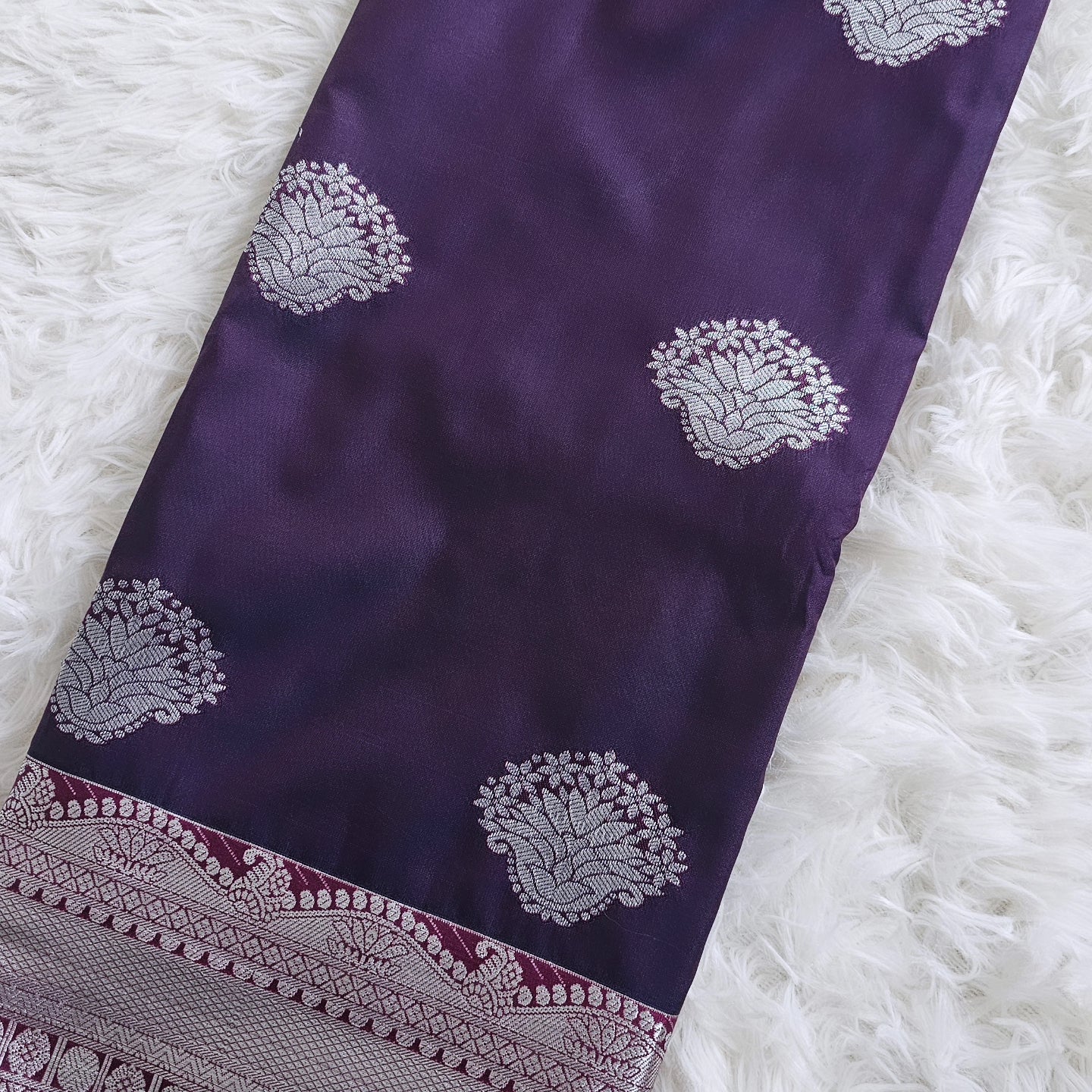 Plum Soft Silk Saree with Silver Zari Border |