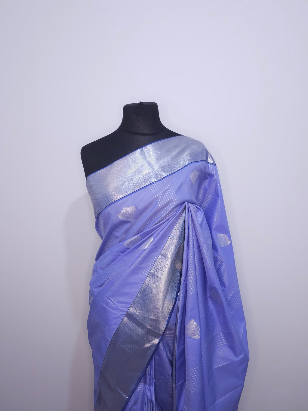 Lavender Blue Soft Silk Saree with Silver Border | Lightweight Festive Wear