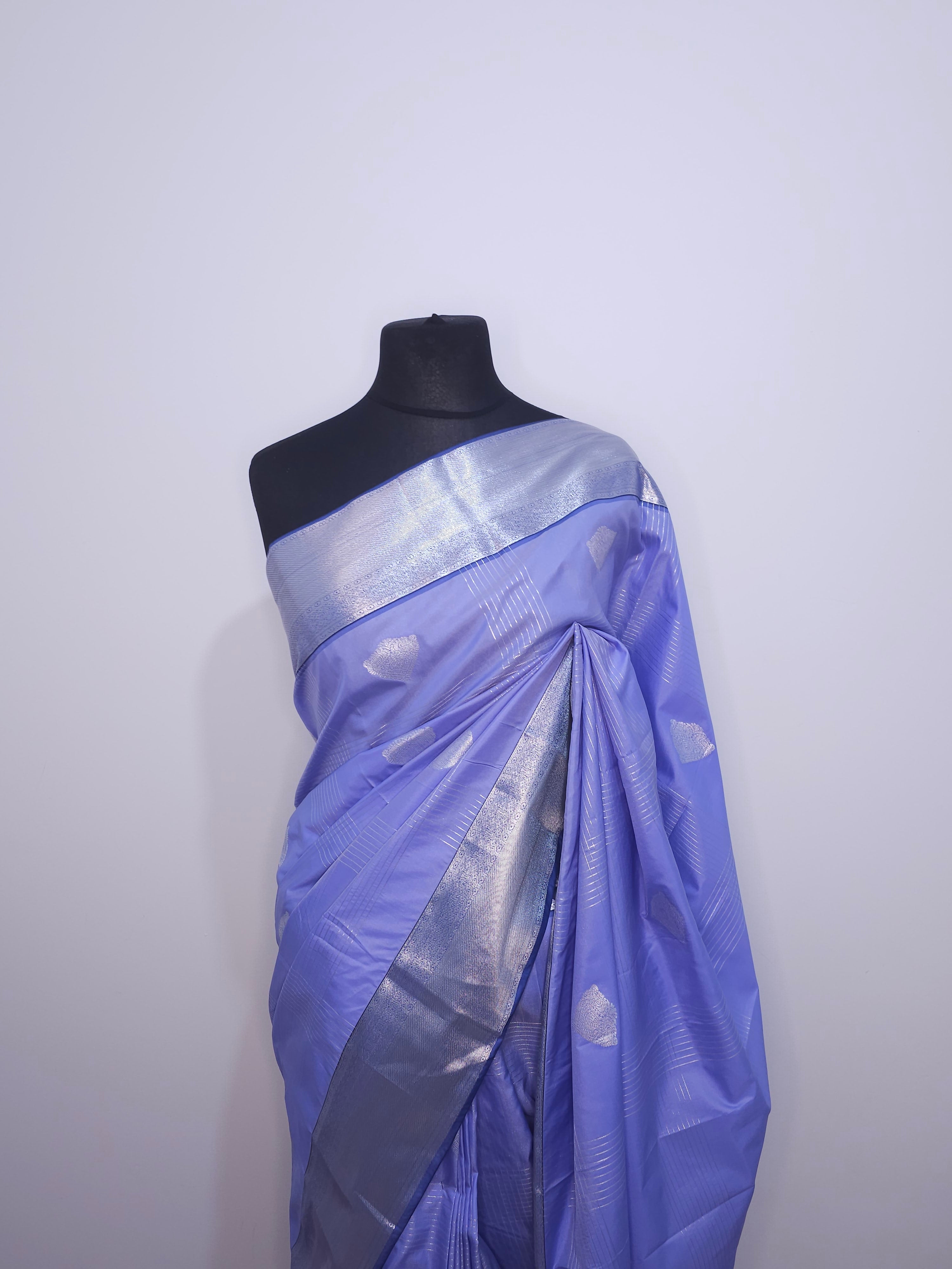 Lavender Blue Soft Silk Saree with Silver Border | Lightweight Festive Wear