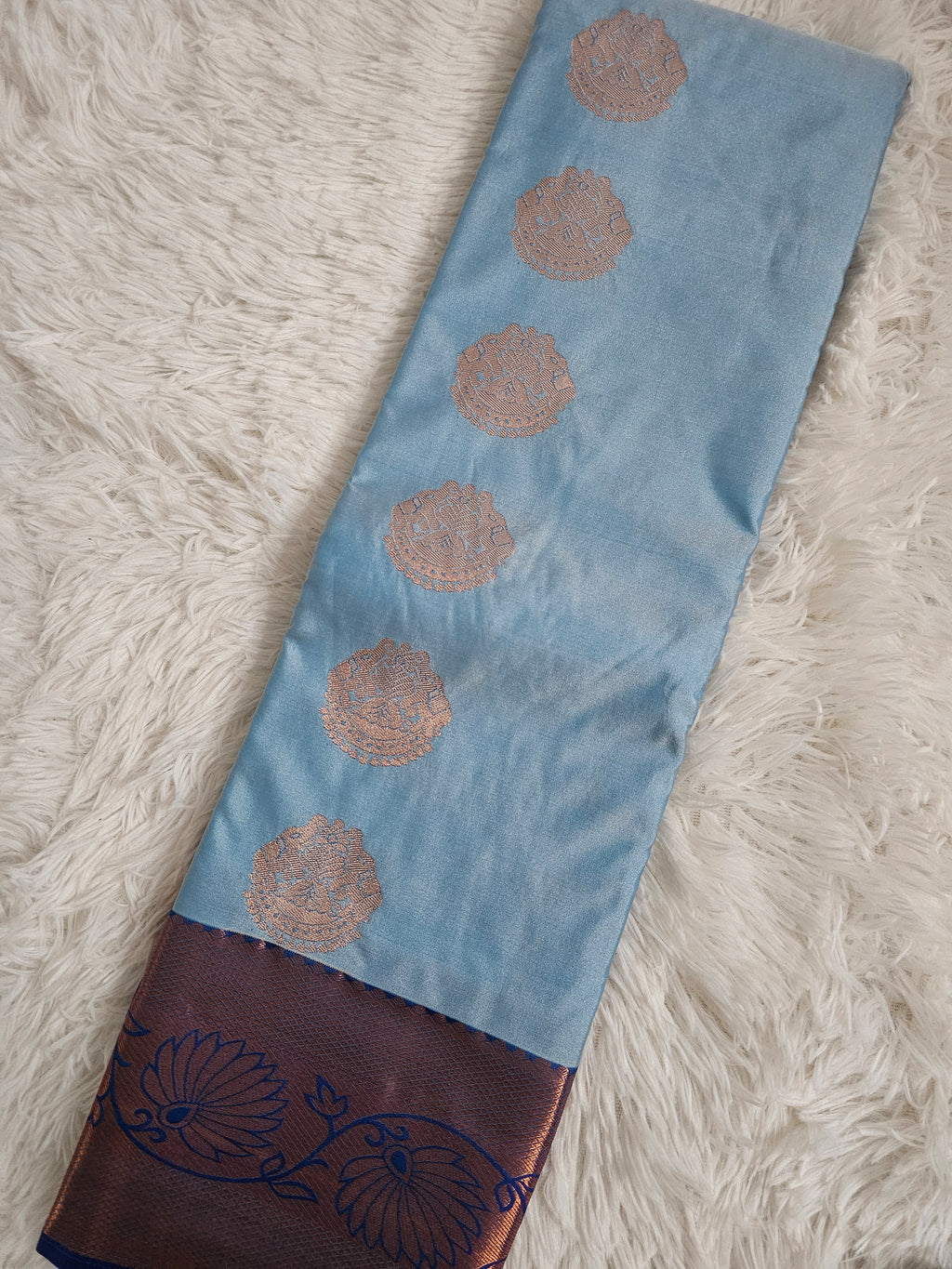 Sky Blue Soft Silk Saree with Royal Blue Pallu & Gold Border