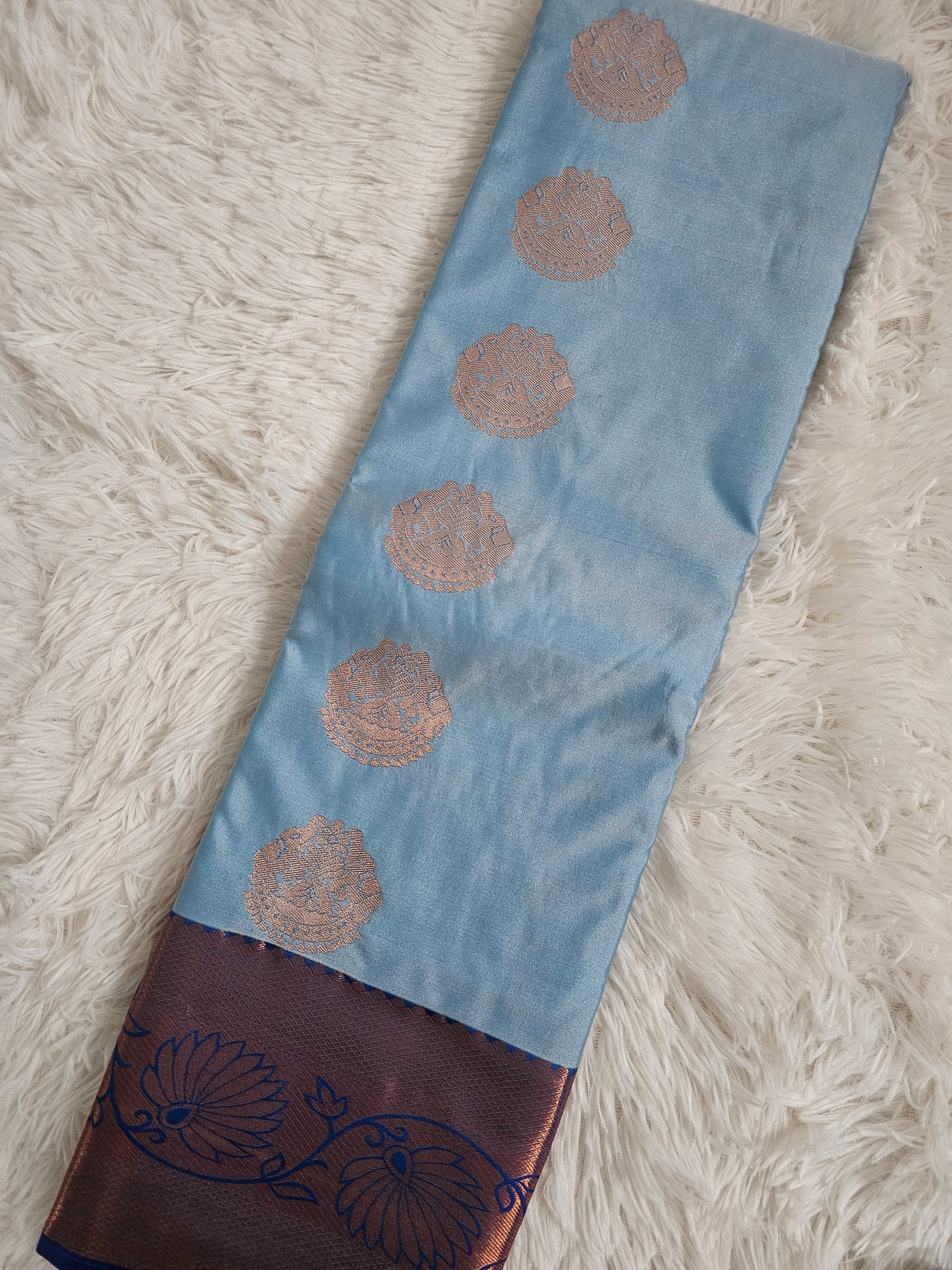 Sky Blue Soft Silk Saree with Royal Blue Pallu & Gold Border