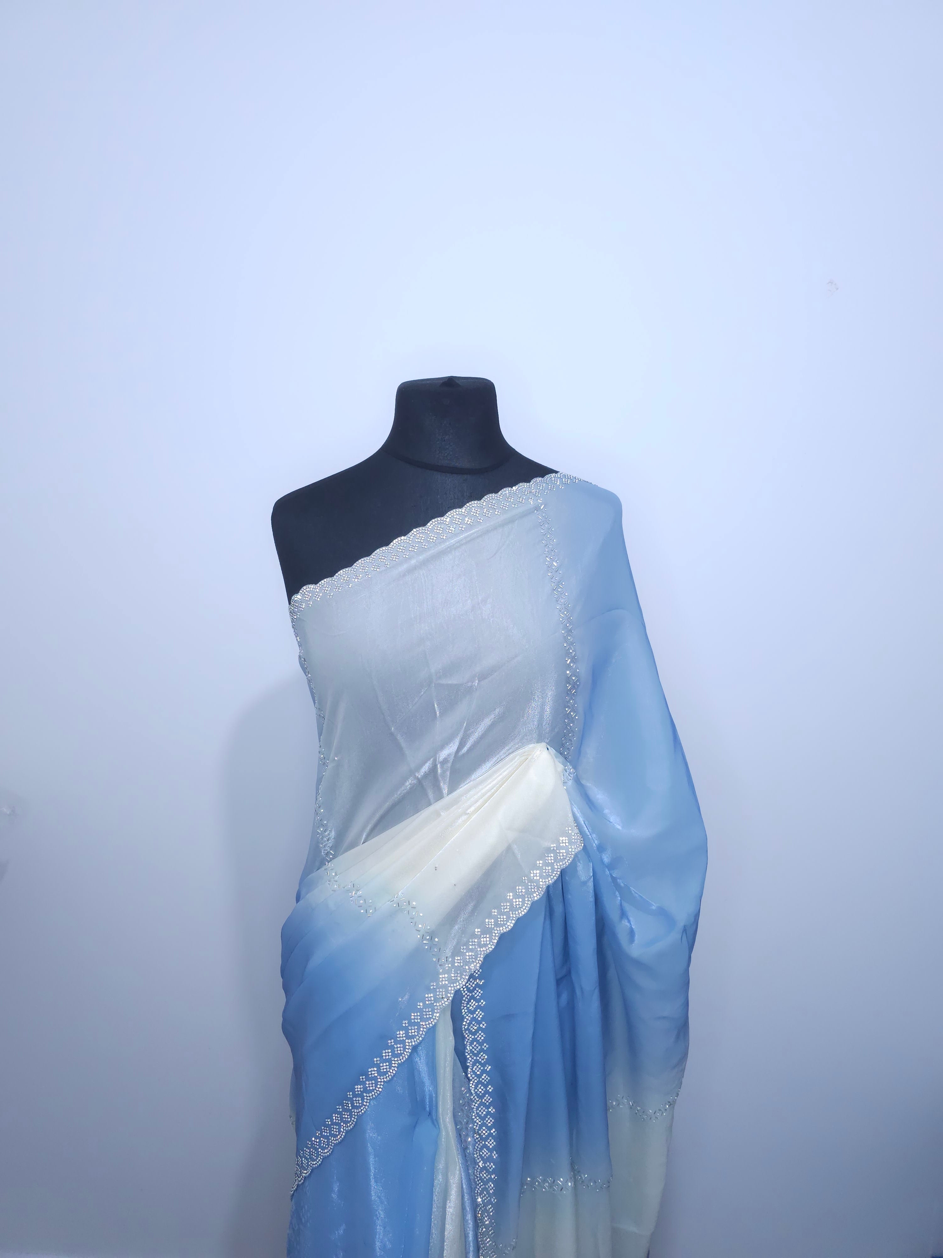Blue White Dual Tone Fendy Satin Silk