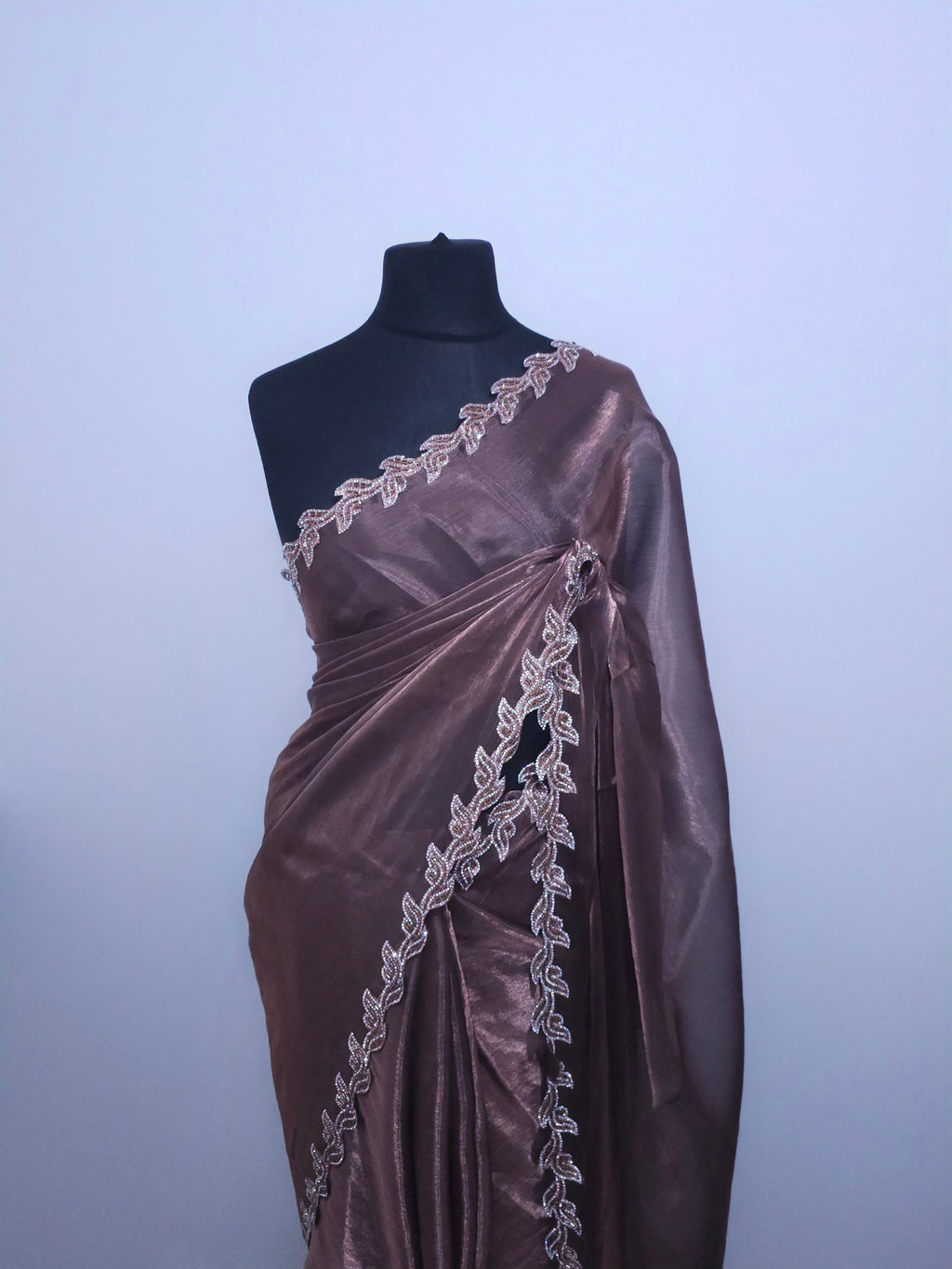 Rose Brown Chiffon Tissue Saree – Leaf Border
