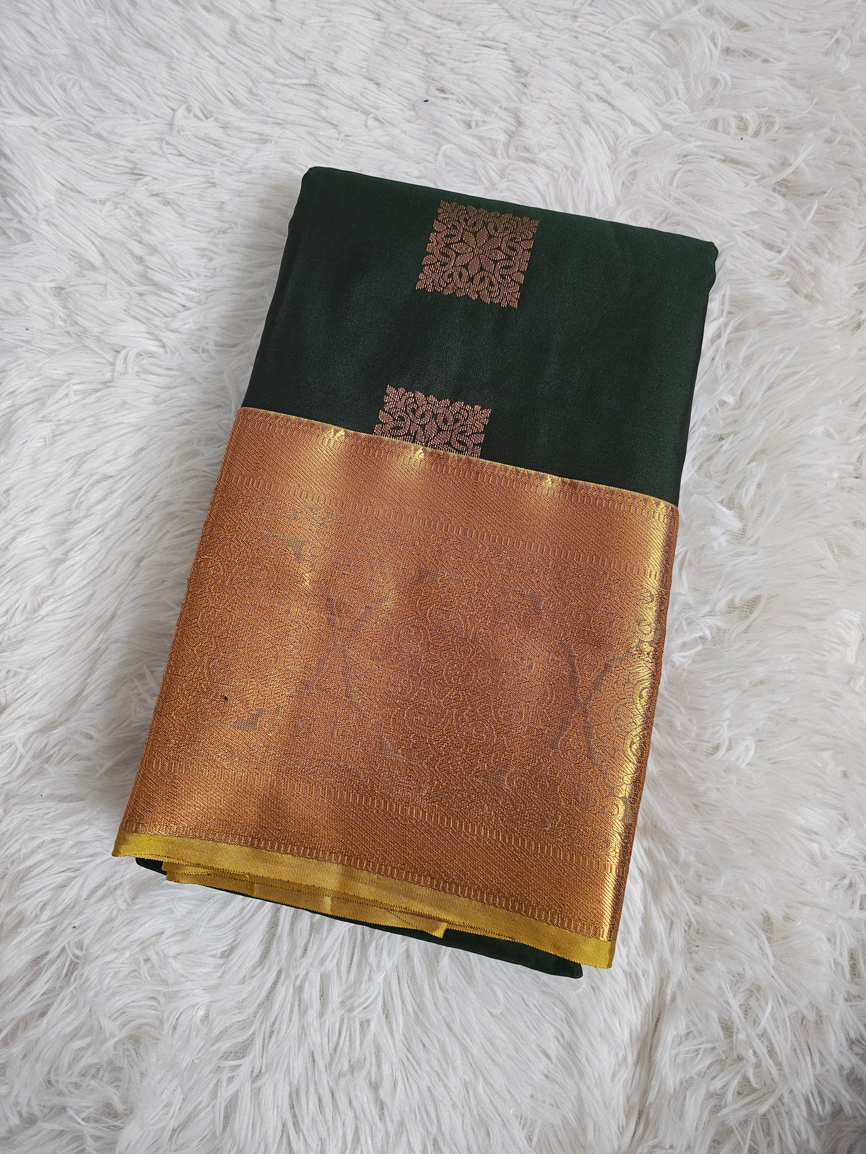 Bottle Green Soft Silk Saree with Rich Gold Border |